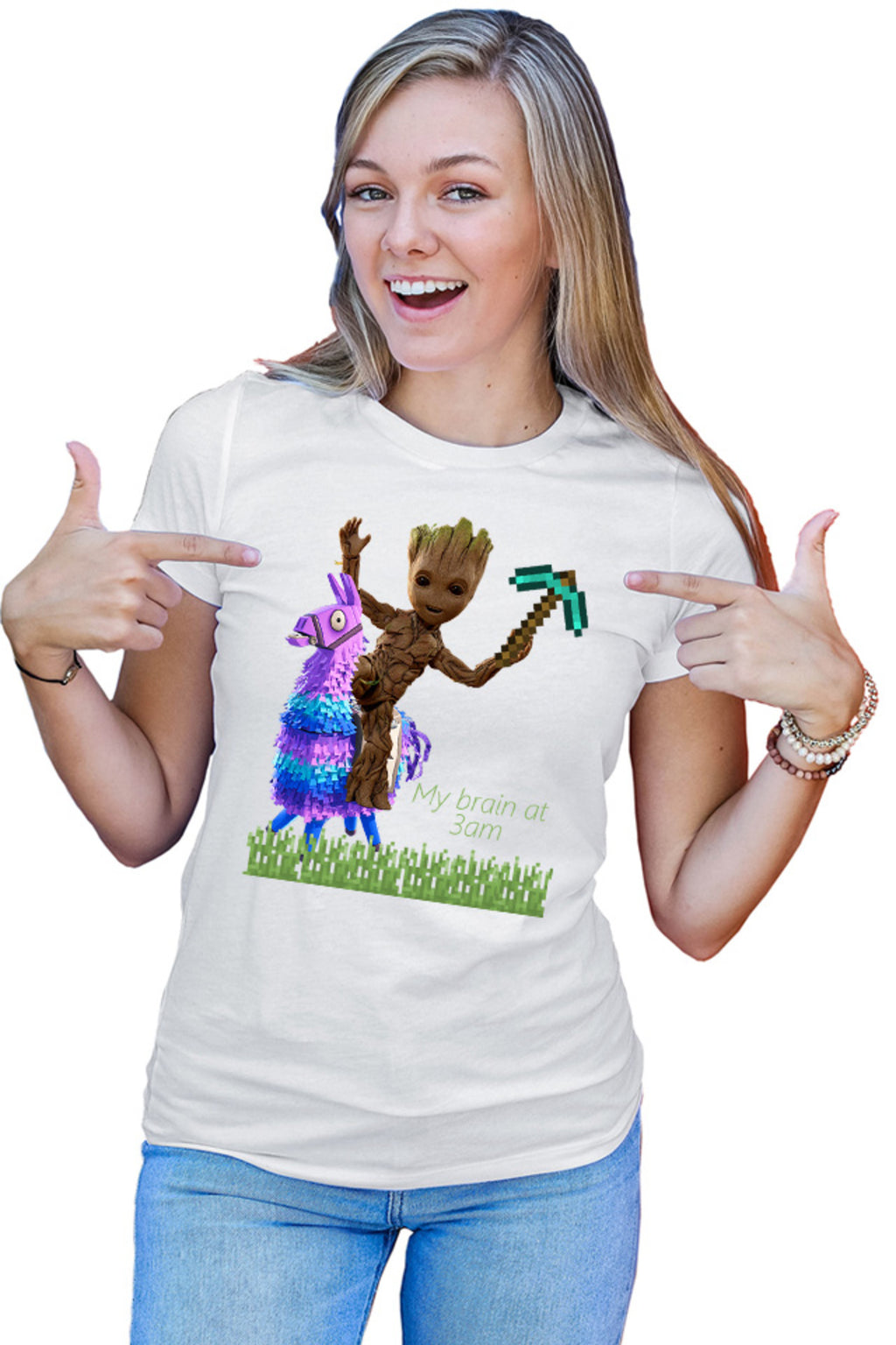 Tricou dama Baby Groot Riding Fortnite Lama Minecraft Pickaxe