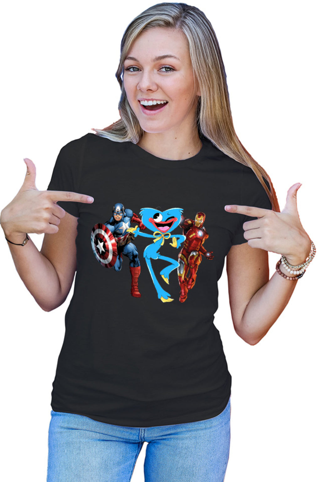 Tricou dama Huggy Wuggy Captain America Ironman Funny Team Scary