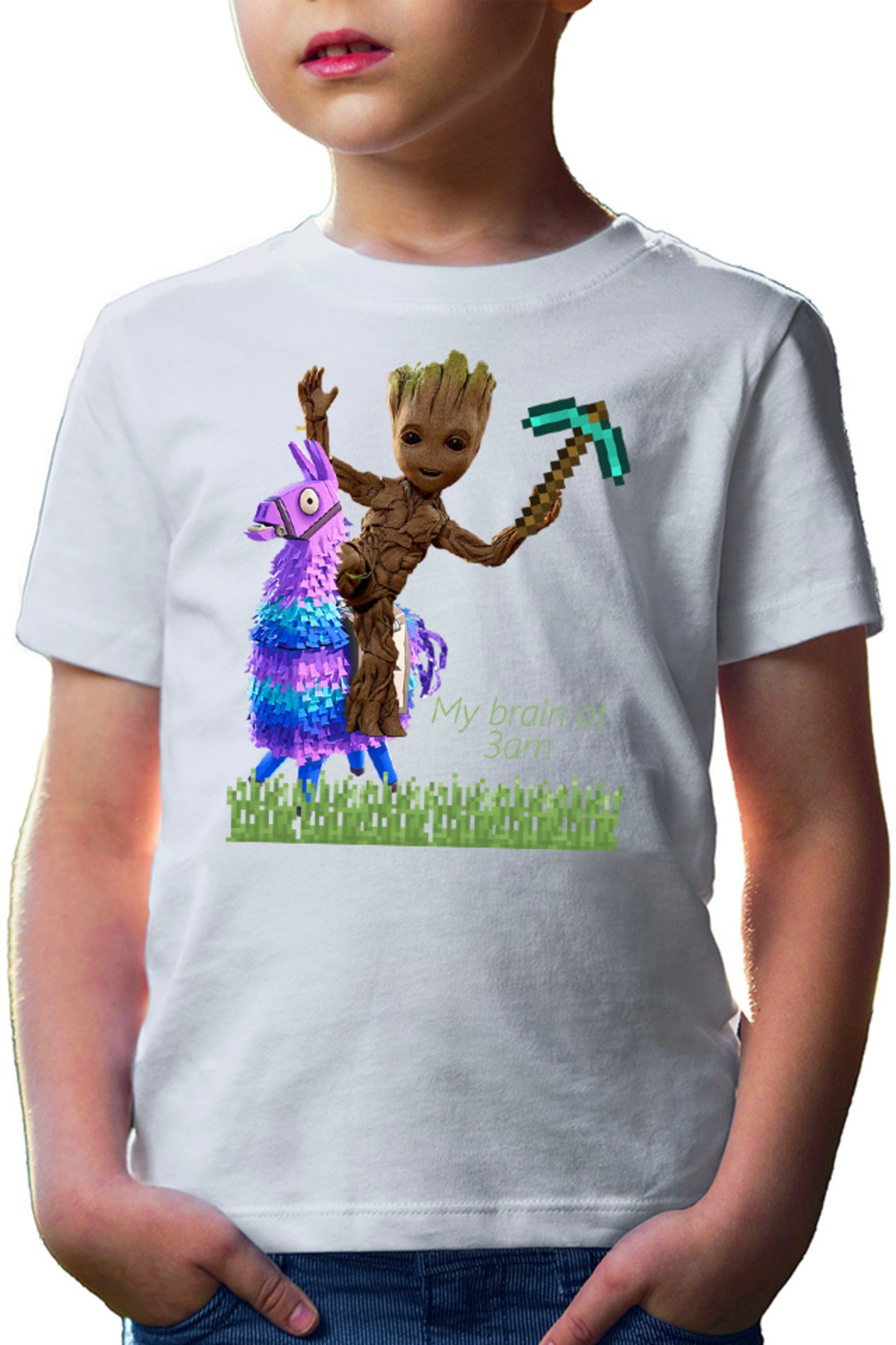 Tricou copii Baby Groot Riding Fortnite Lama Minecraft Pickaxe