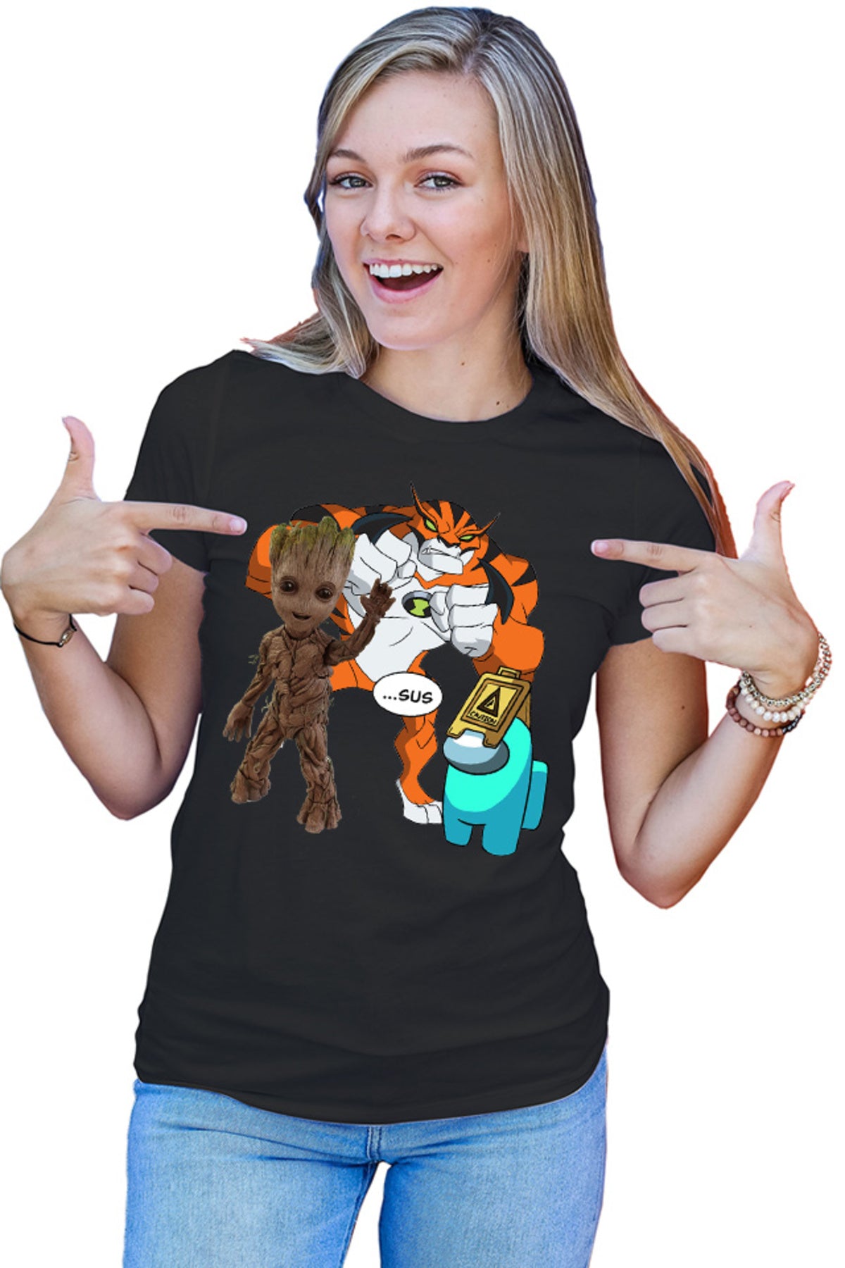 Tricou dama Baby Groot Ben 10 Huge Cat Among Us Sus