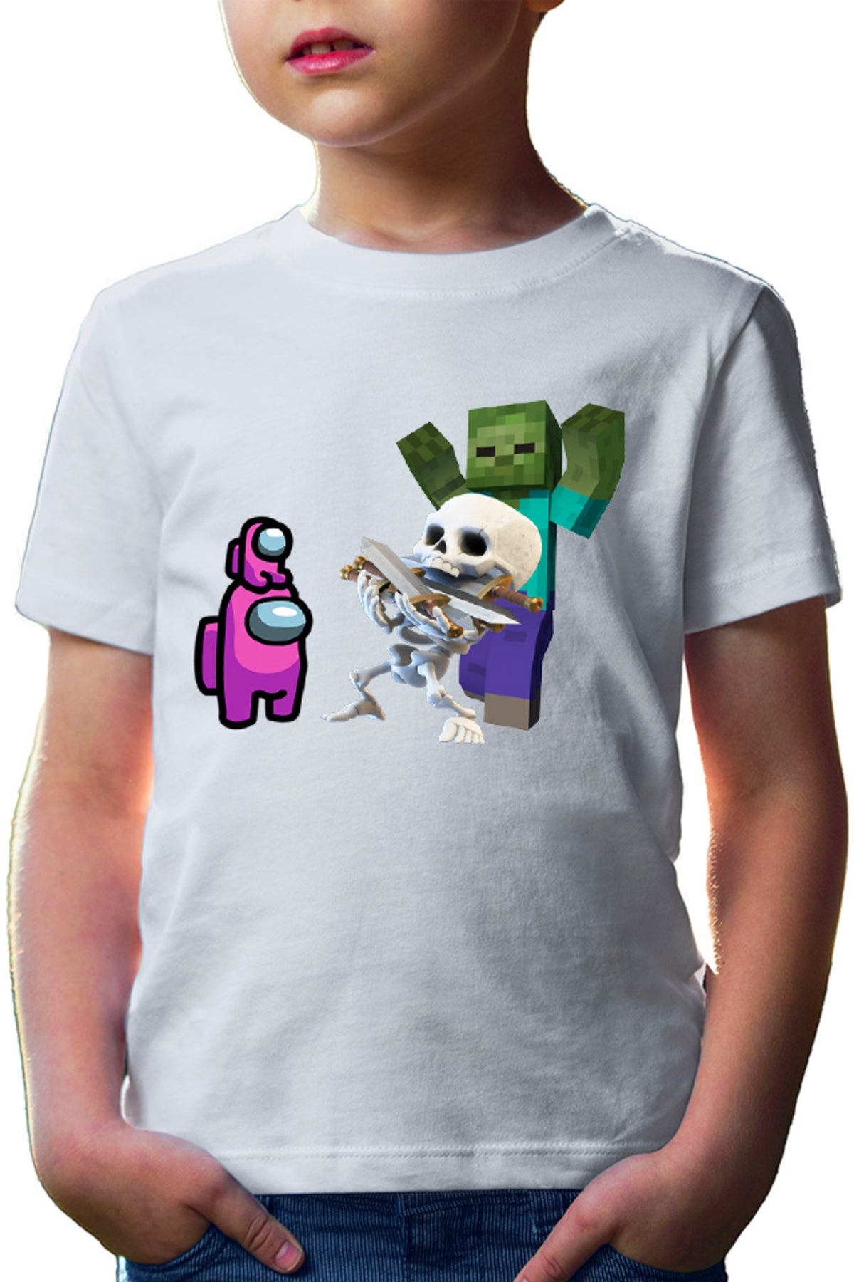 Tricou copii Clash Royale Minecraft Scared Skeleton Event Among Us Crew