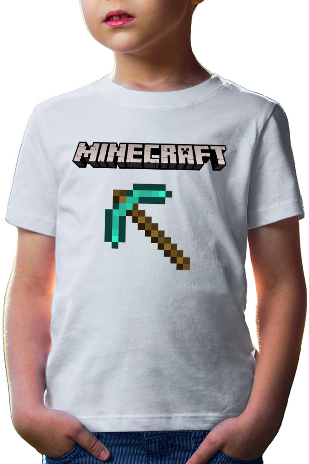 Tricou copii Minecraft Logo Stone Pickaxe Open World Pixels