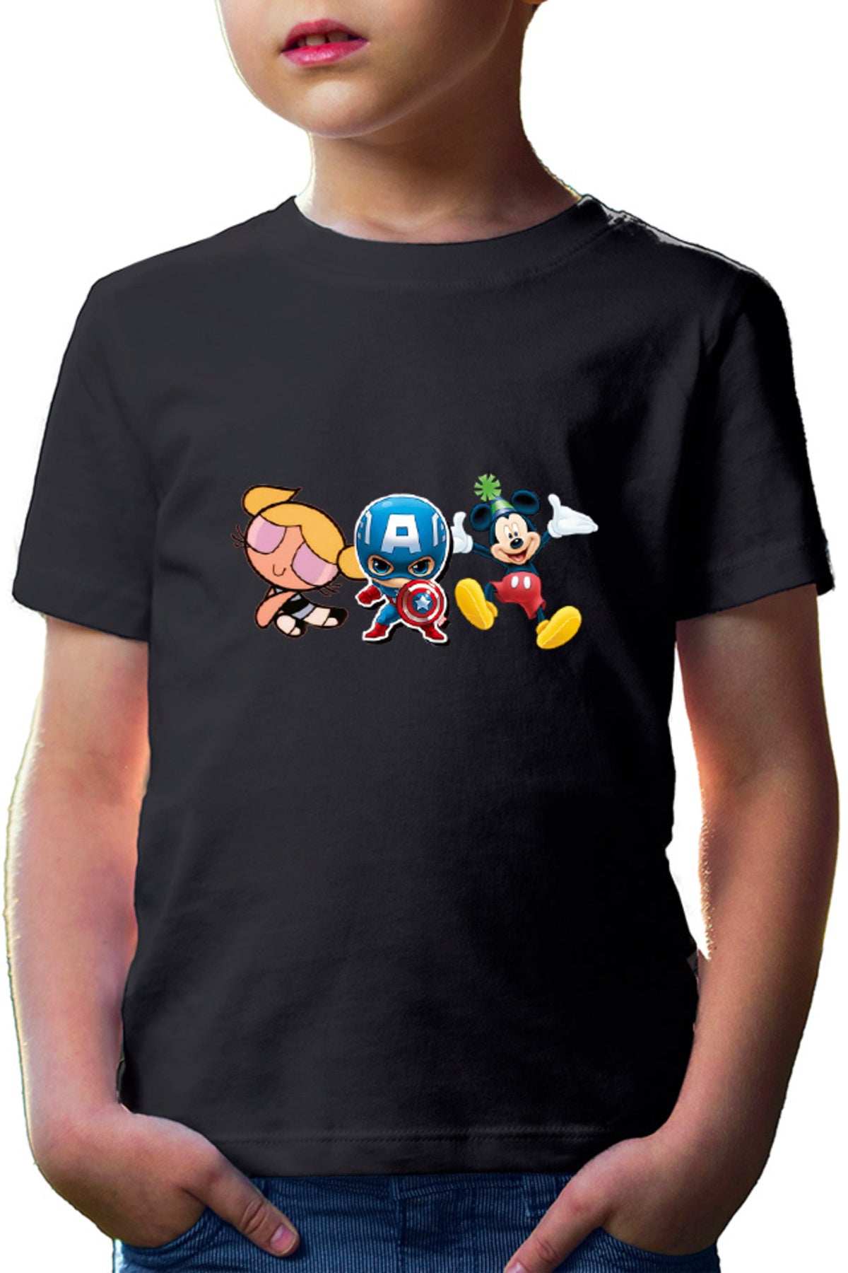 Tricou copii Captain America Chibi Small Cute Mickey Mouse Powerpuff