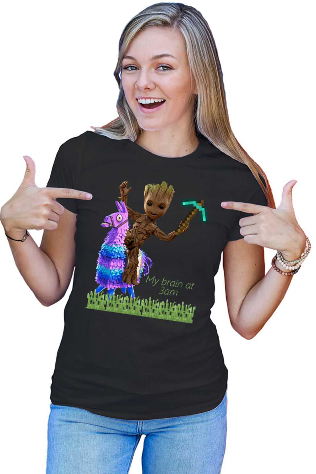 Tricou dama Baby Groot Riding Fortnite Lama Minecraft Pickaxe