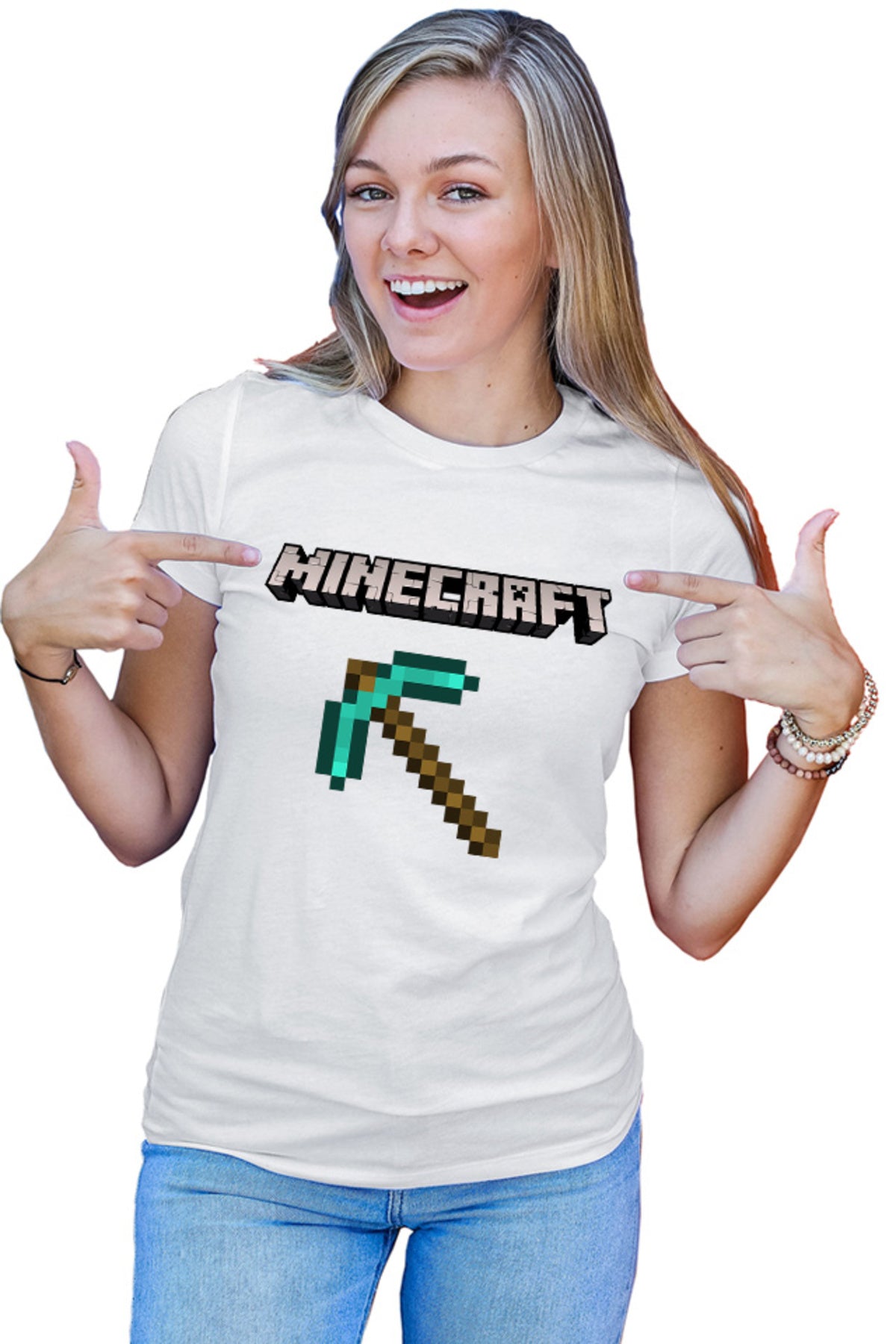 Tricou dama Minecraft Logo Stone Pickaxe Open World Pixels