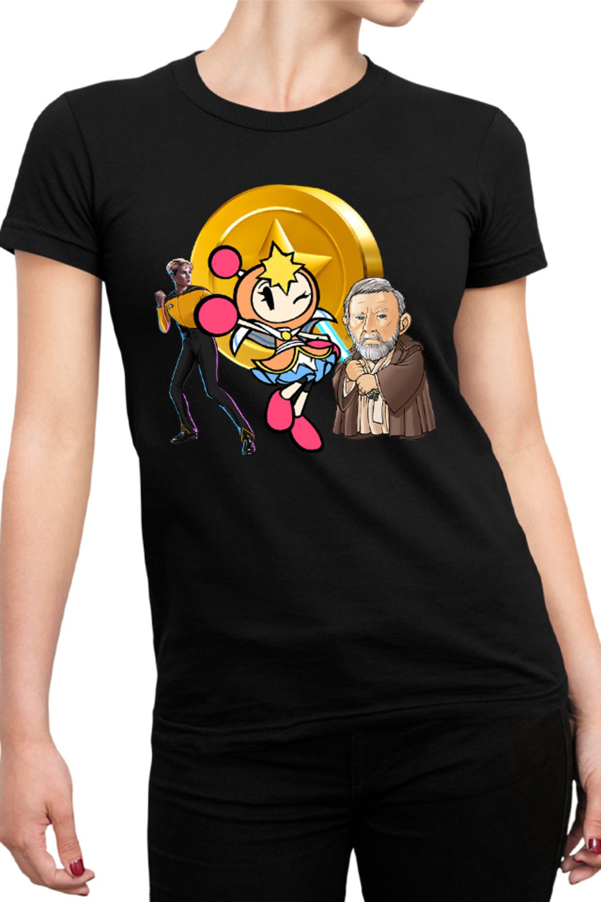 Tricou dama Bomberman Obi Kenobi Star Trek Gold