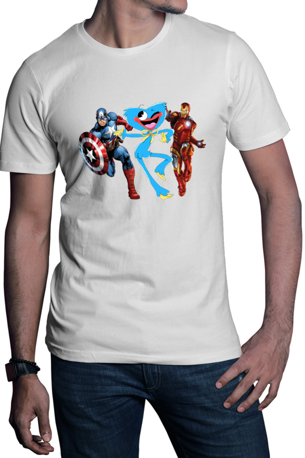 Tricou barbati Huggy Wuggy Captain America Ironman Funny Team Scary