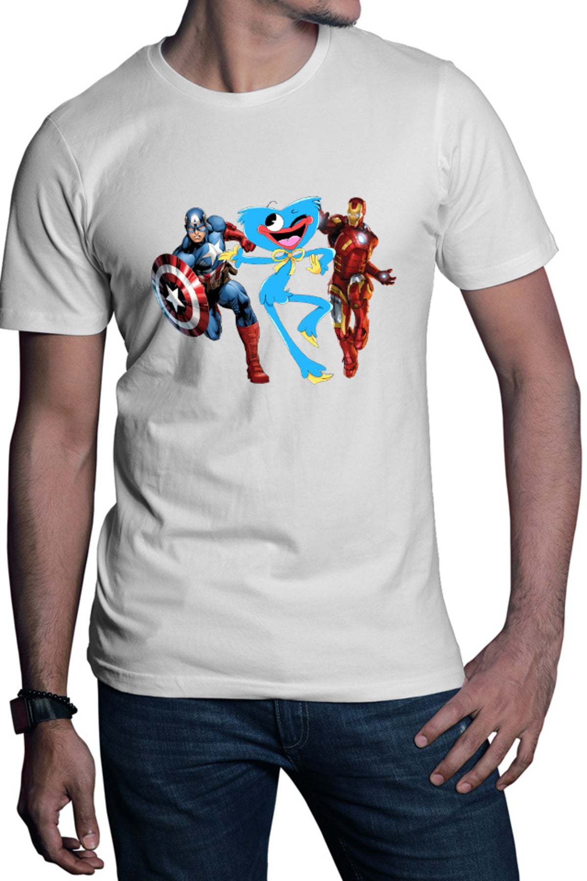 Tricou barbati Huggy Wuggy Captain America Ironman Funny Team Scary