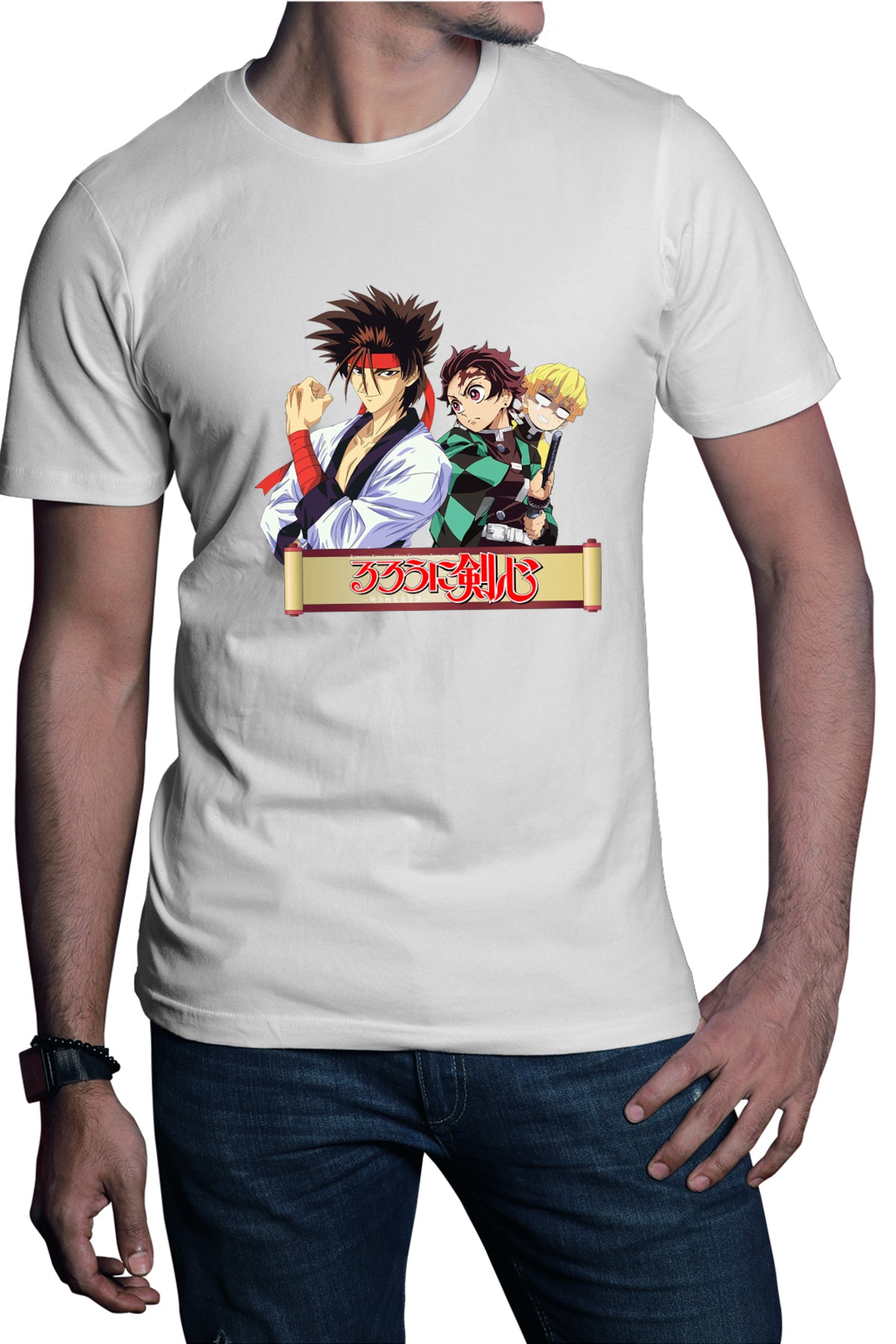 Tricou barbati Rurouni Kenshin Sanosuke Tanjiro Zenitsu Scared