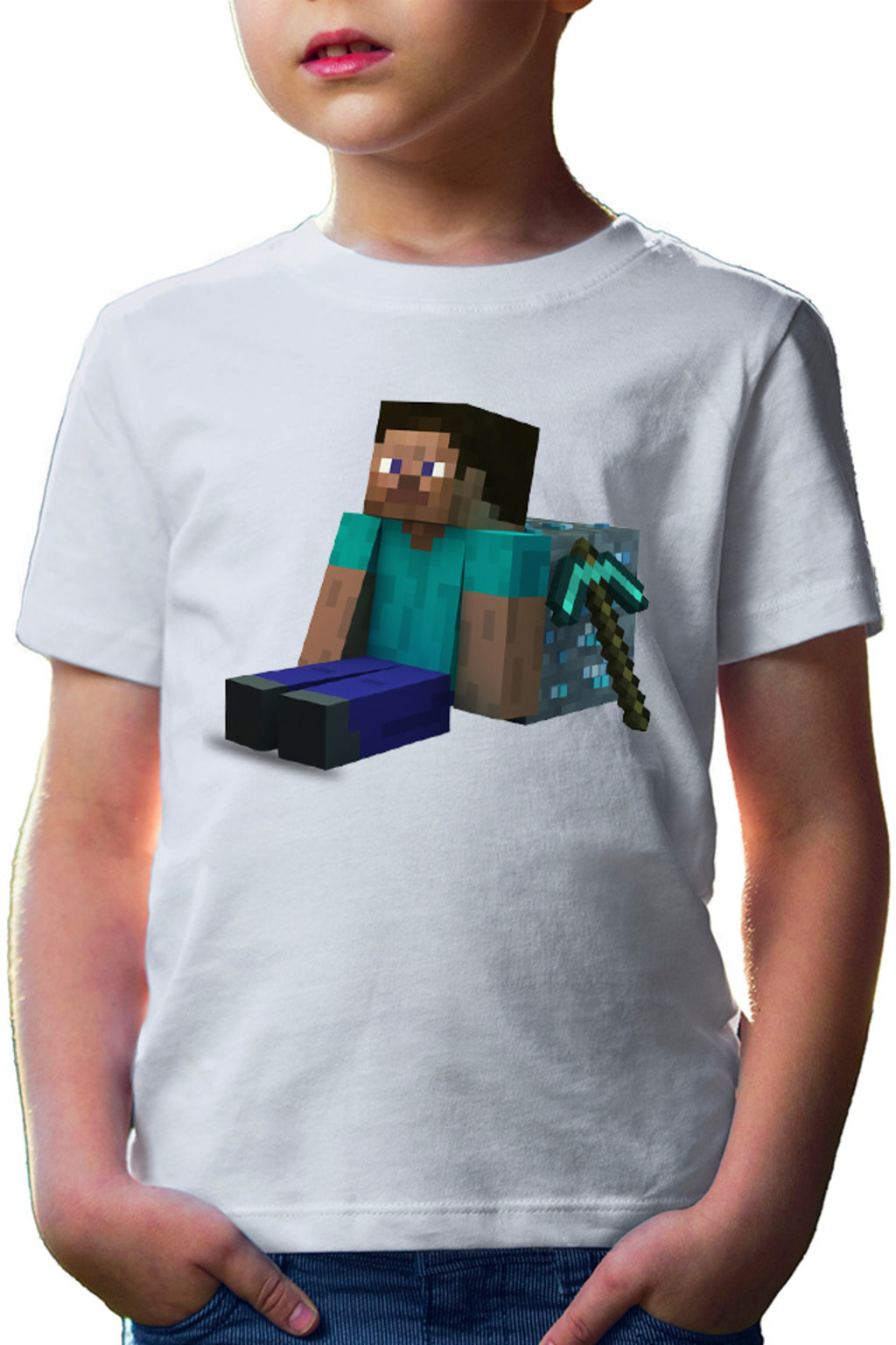 Tricou copii Minecraft Diamond Cube Pickaxe Mining Sit Steve