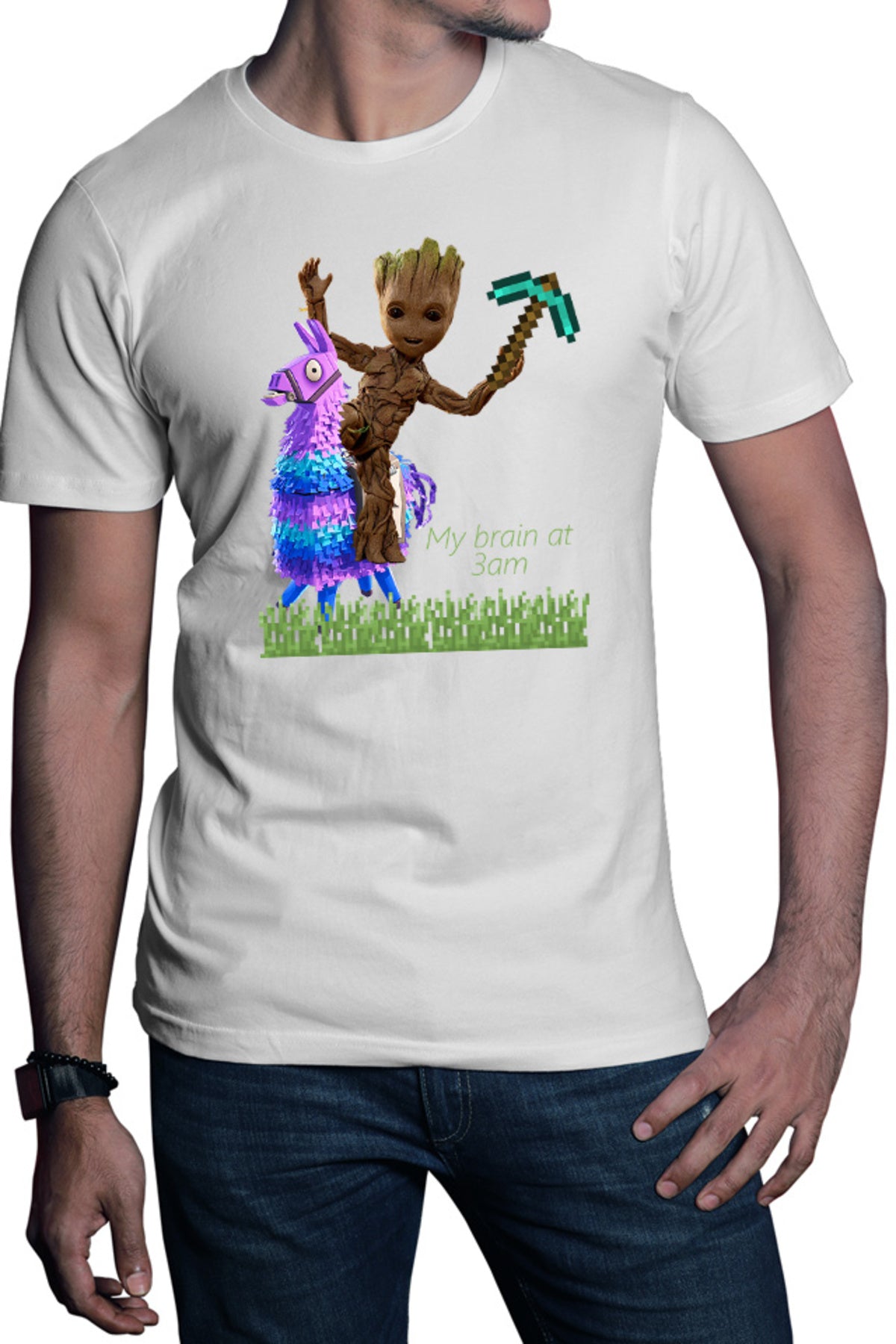 Tricou barbati Baby Groot Riding Fortnite Lama Minecraft Pickaxe