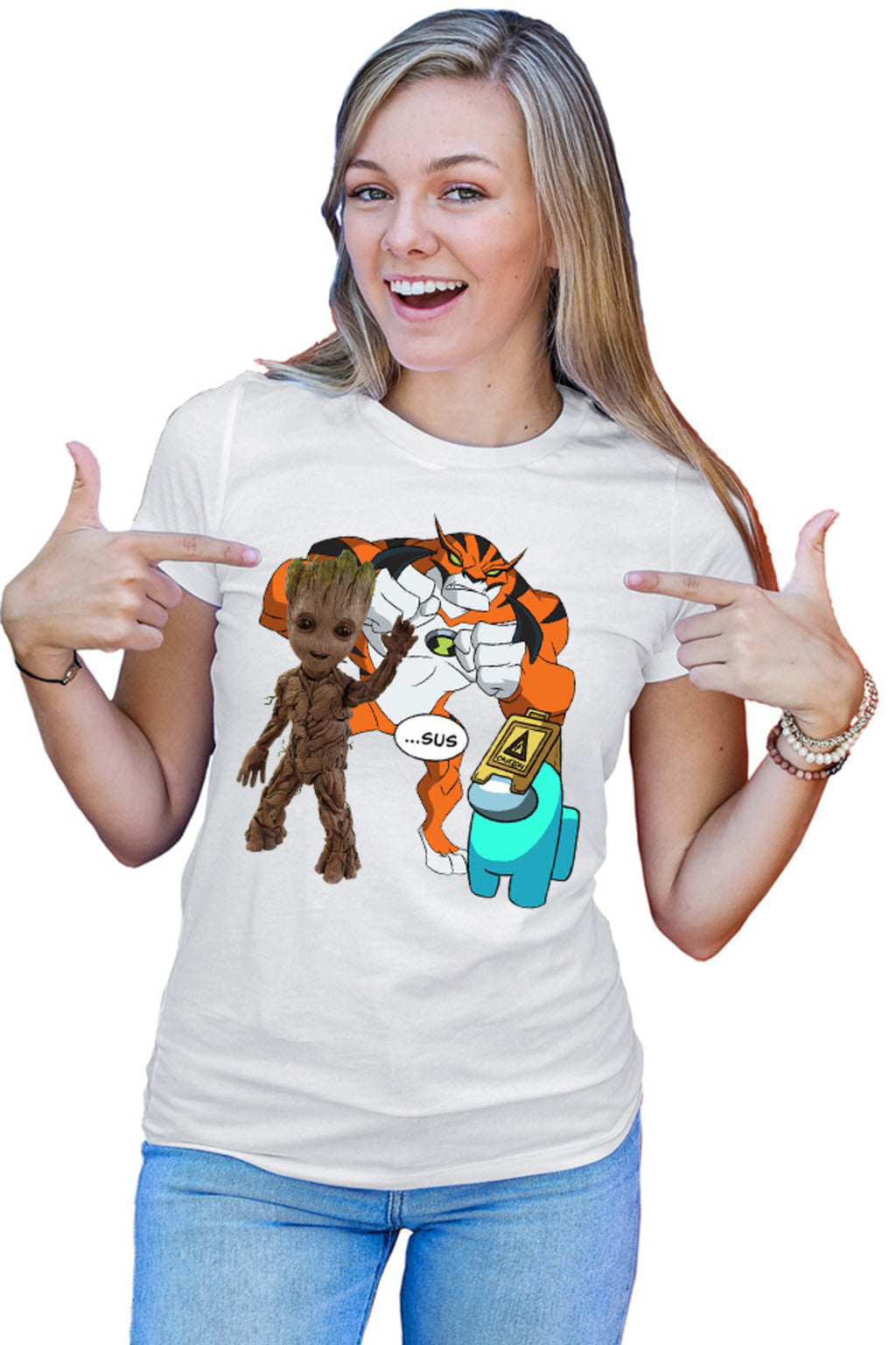 Tricou dama Baby Groot Ben 10 Huge Cat Among Us Sus