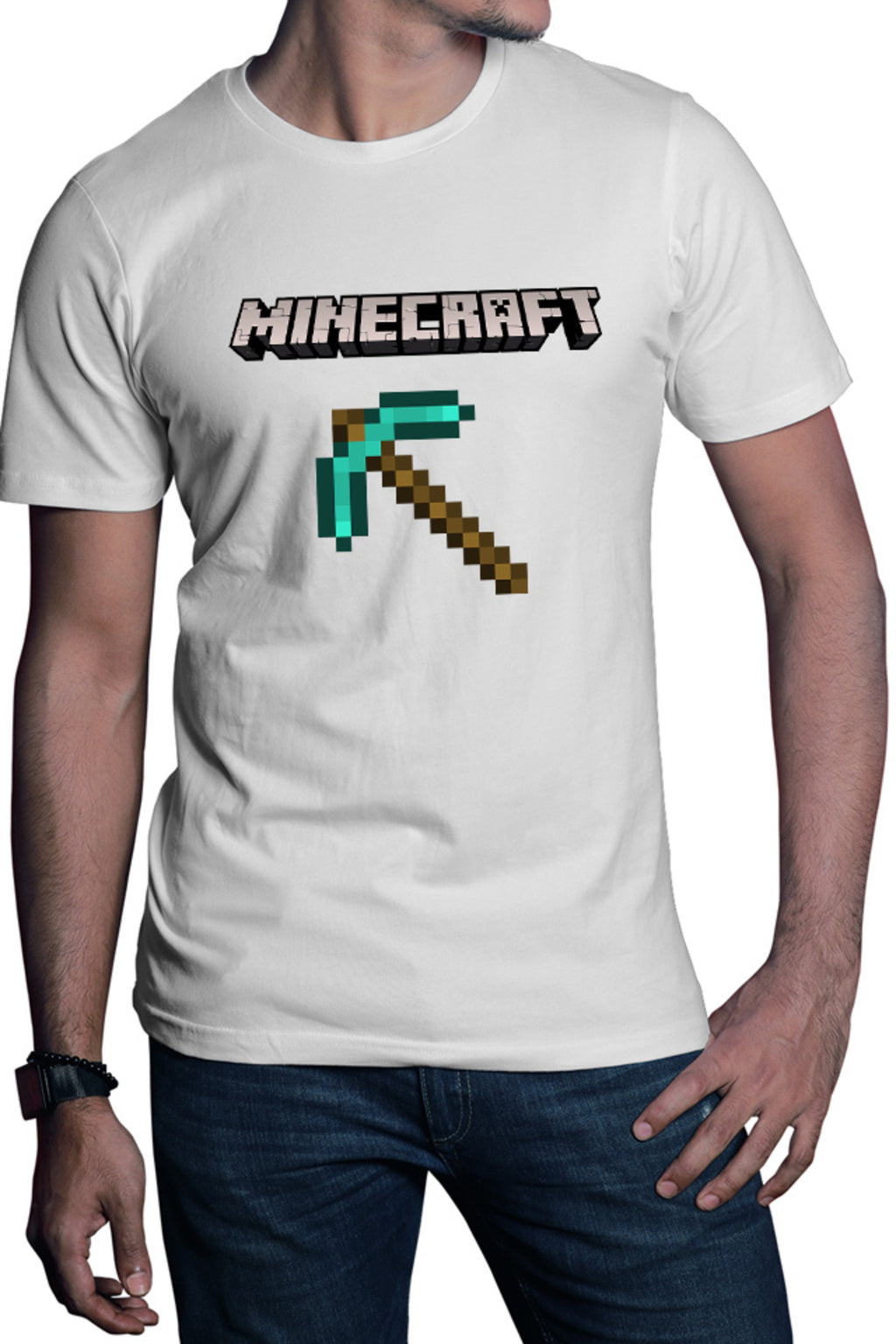Tricou barbati Minecraft Logo Stone Pickaxe Open World Pixels
