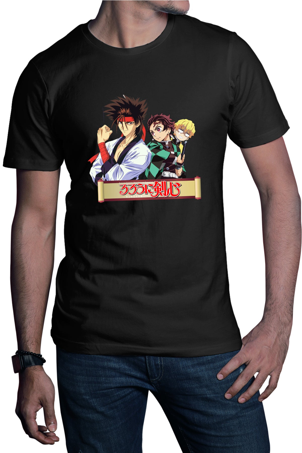 Tricou barbati Rurouni Kenshin Sanosuke Tanjiro Zenitsu Scared