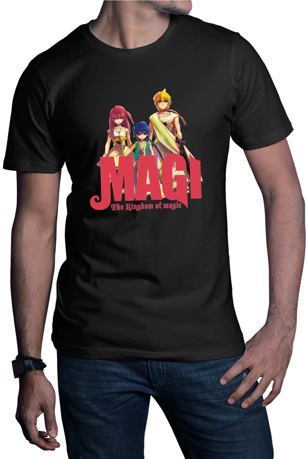 Tricou barbati Magi The Labyrinth of Magic Spirit Group Angry Pose Red Logo