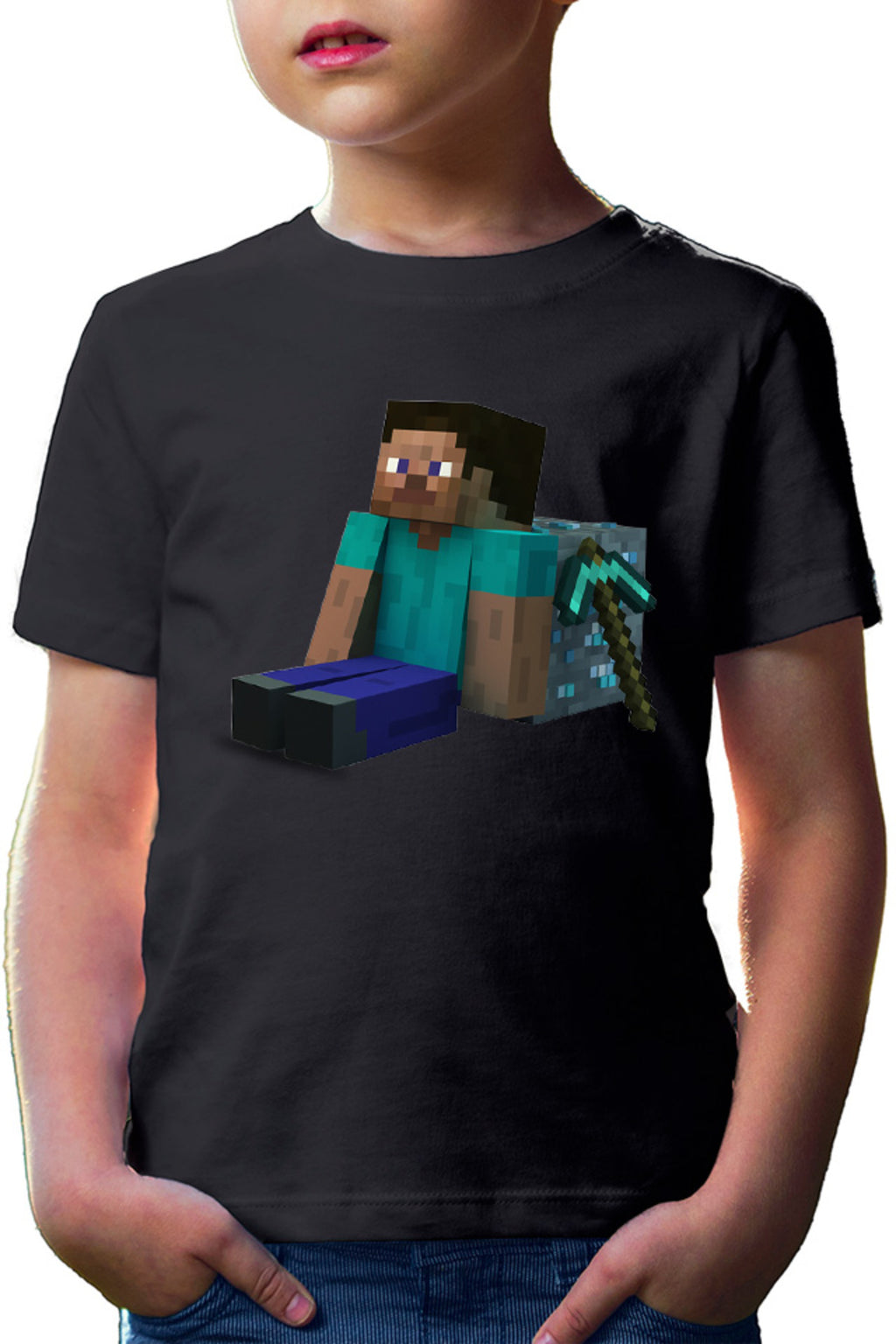 Tricou copii Minecraft Diamond Cube Pickaxe Mining Sit Steve
