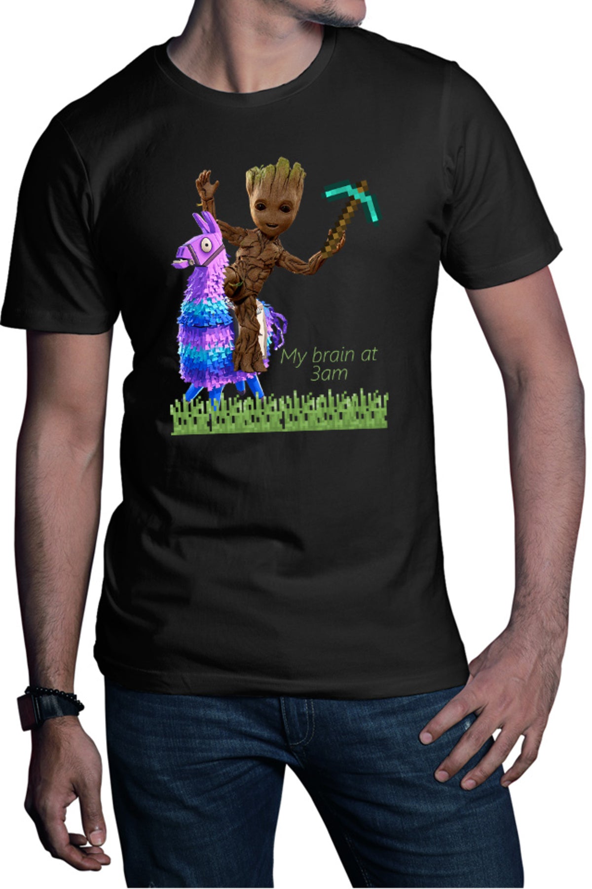Tricou barbati Baby Groot Riding Fortnite Lama Minecraft Pickaxe