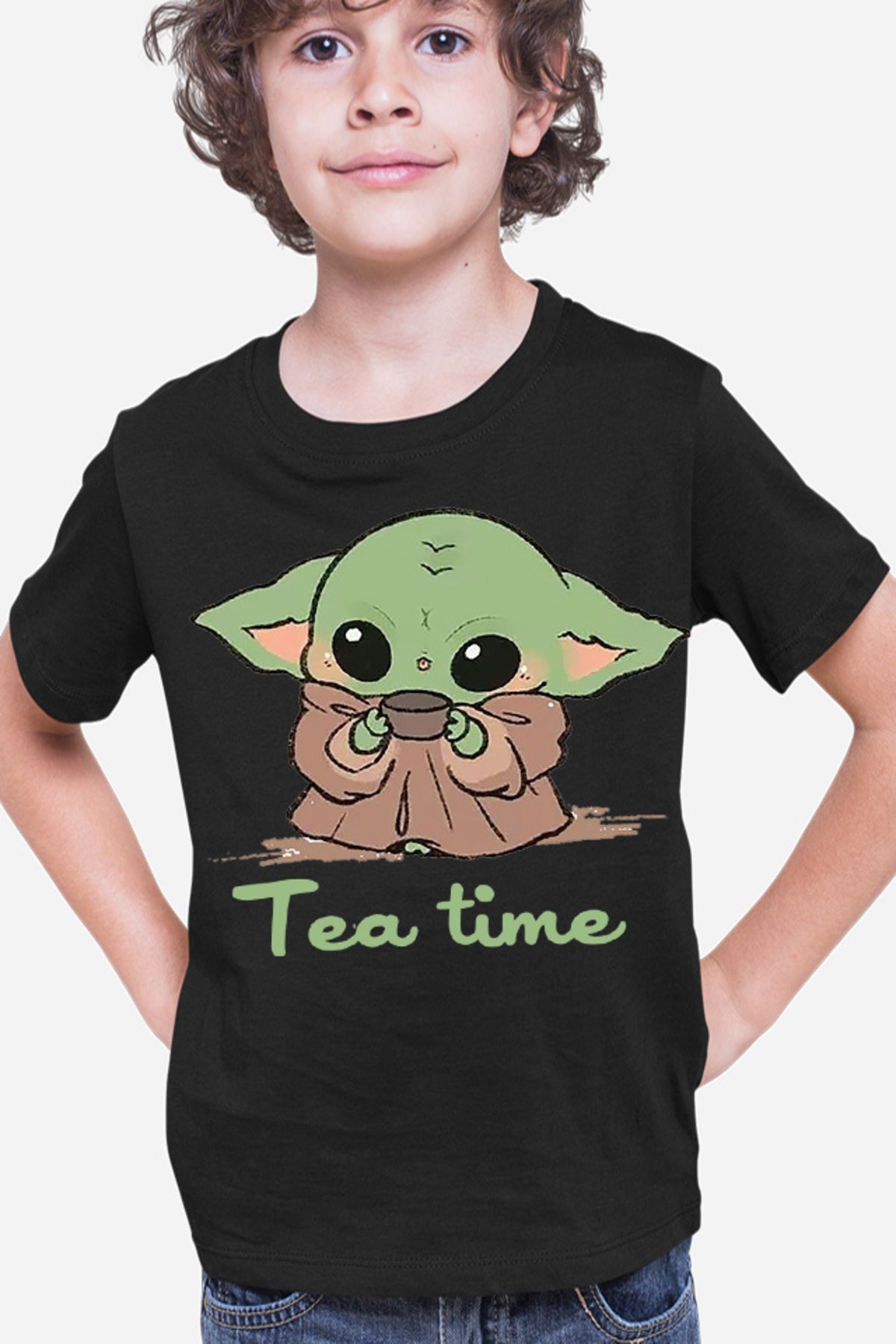 Tricou copii Baby Yoda Tea Time Drink Coffee