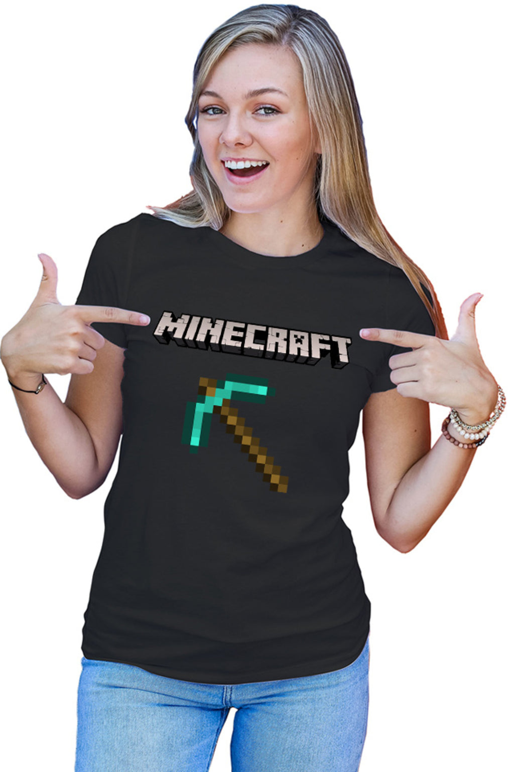 Tricou dama Minecraft Logo Stone Pickaxe Open World Pixels