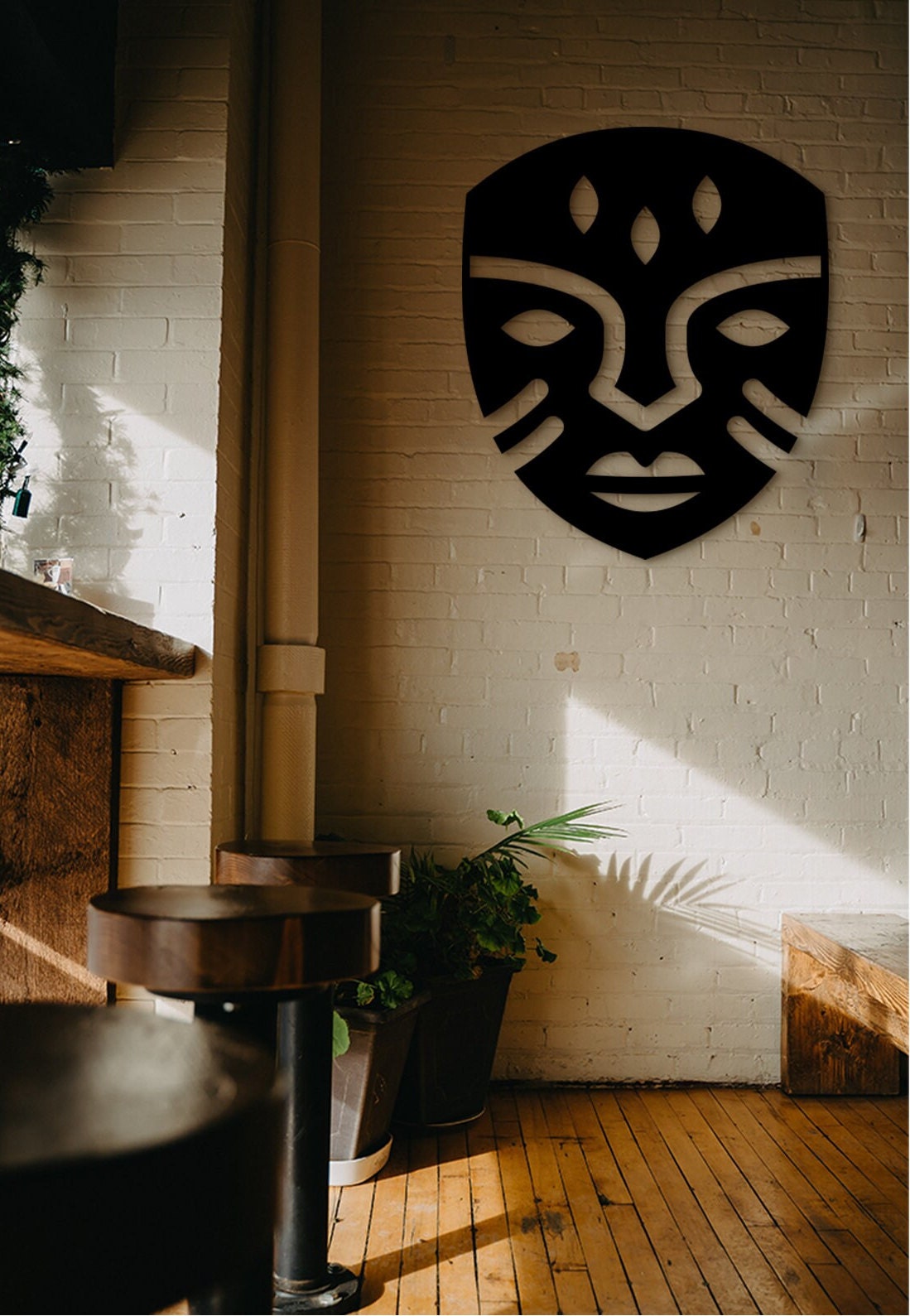 African Mask Wall Art: 3D Shadow Wood Sculpture