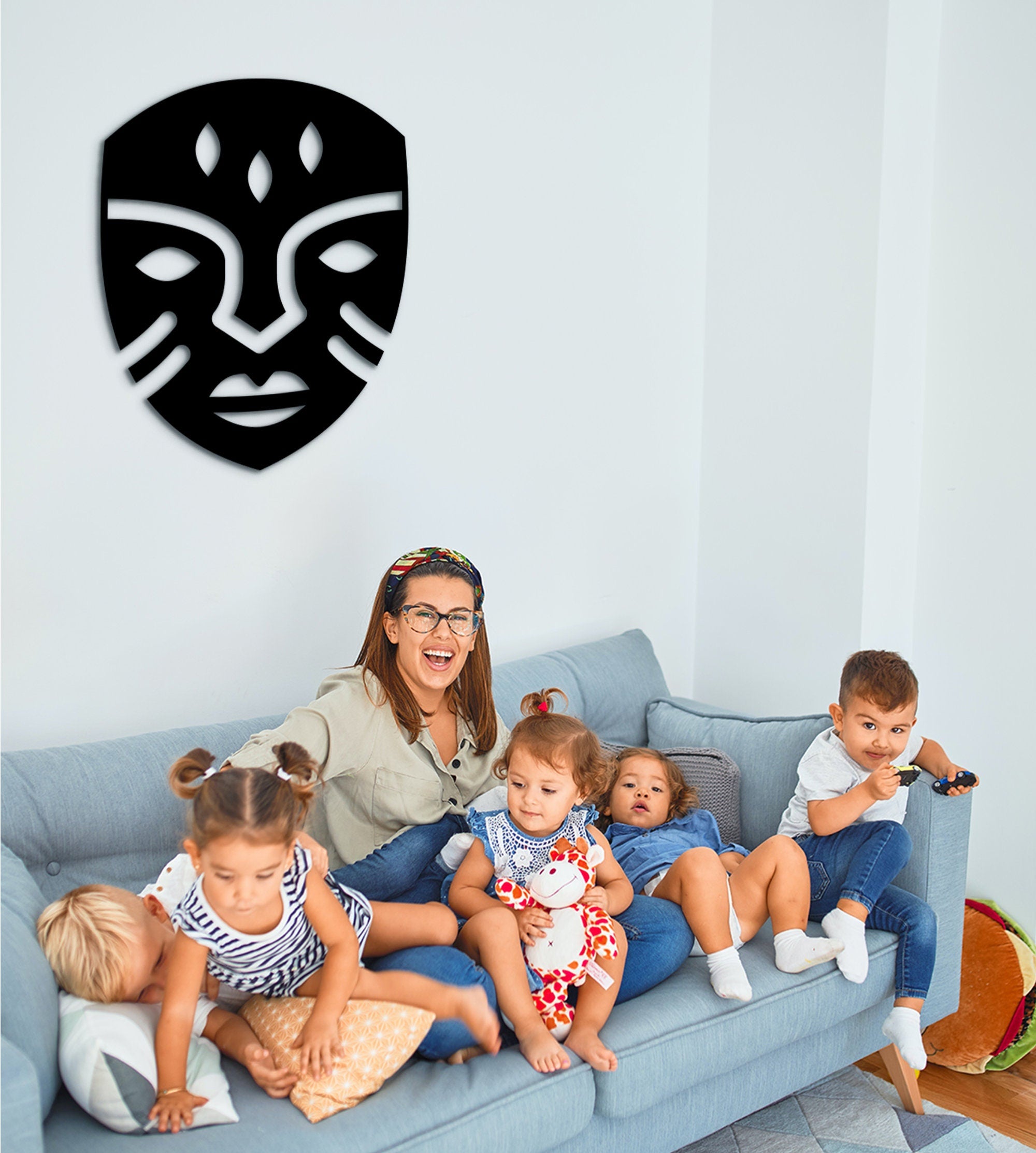 African Mask Wall Art: 3D Shadow Wood Sculpture