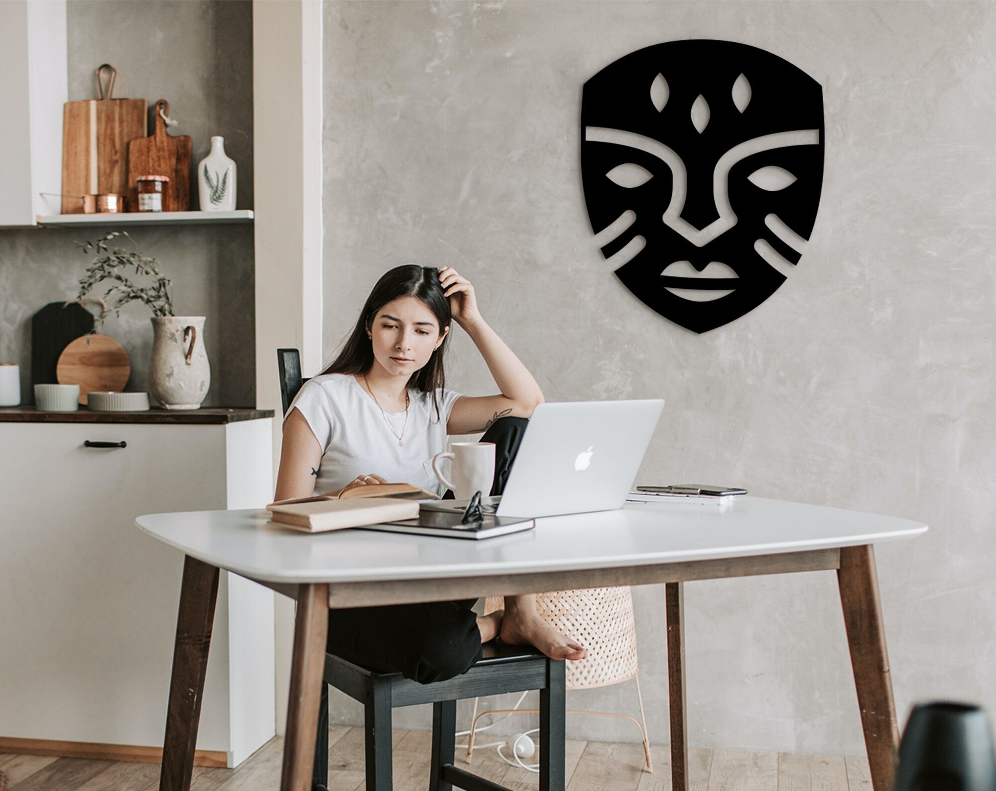 African Mask Wall Art: 3D Shadow Wood Sculpture