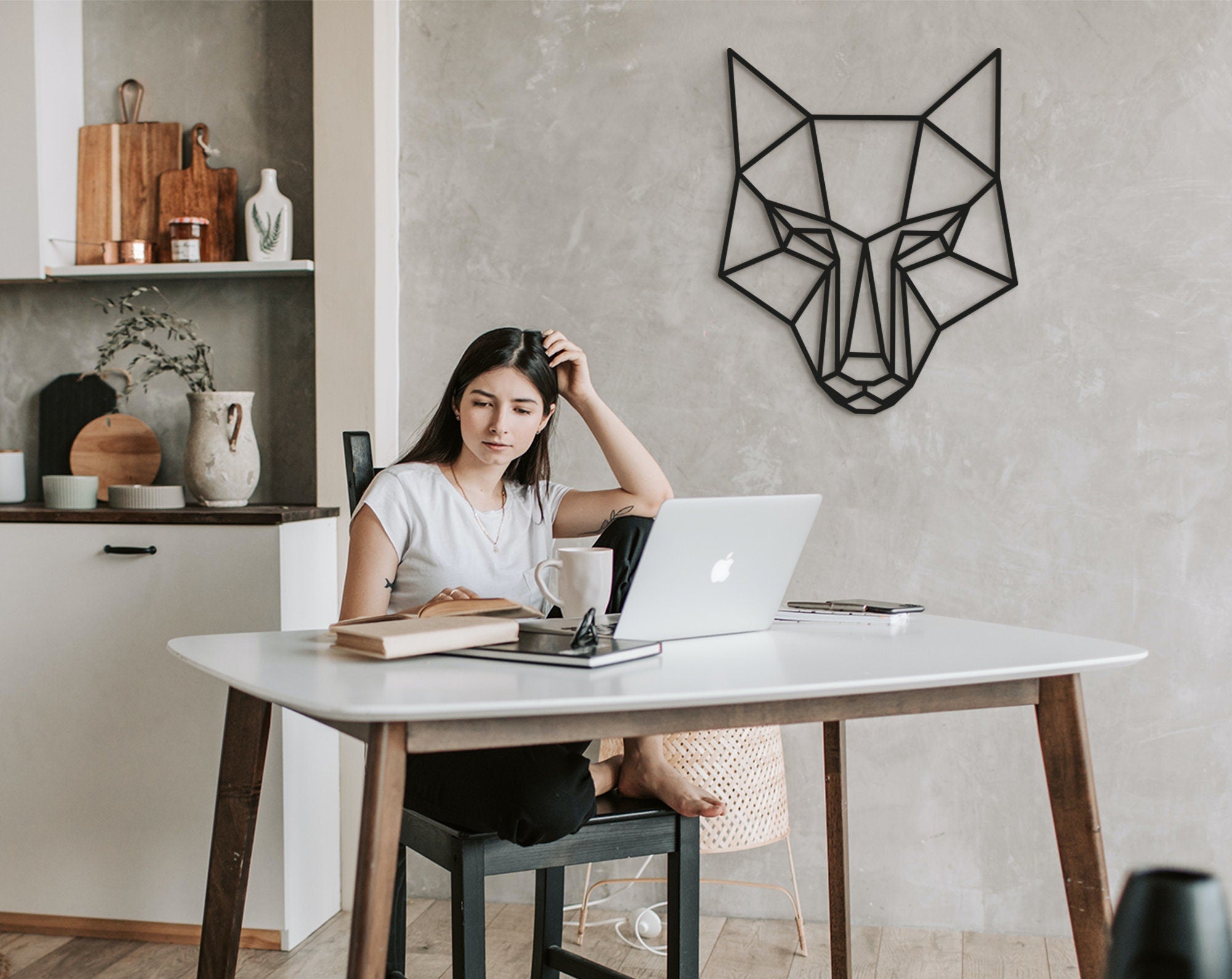 Geometric Wolf Wall Art: Wooden Wolf Head Decor