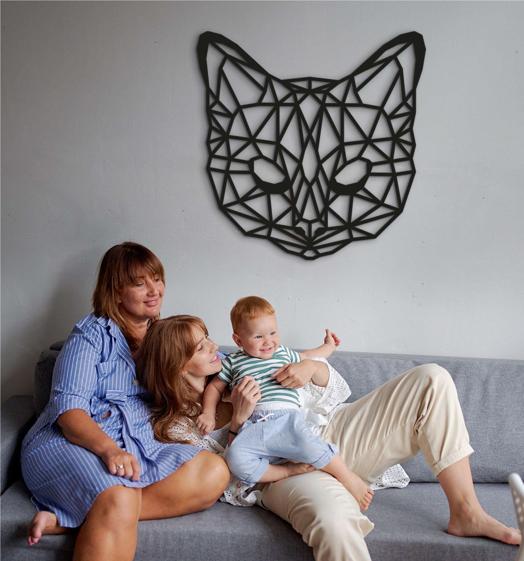 Geometric Cat Wall Art: Laser Cut Wood Home Decor