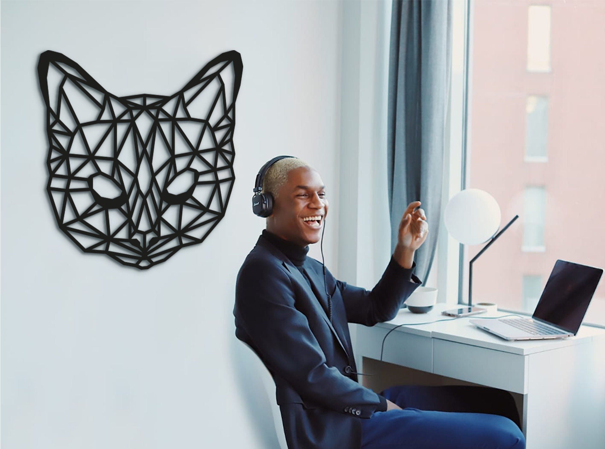 Geometric Cat Wall Art: Laser Cut Wood Home Decor