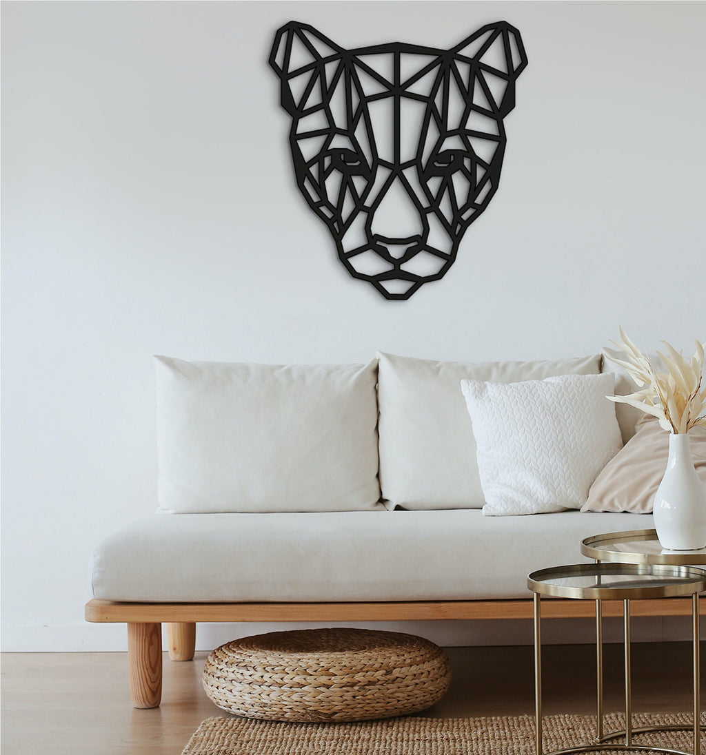 Geometric Wooden Puma Head Wall Art: Modern Home Decor
