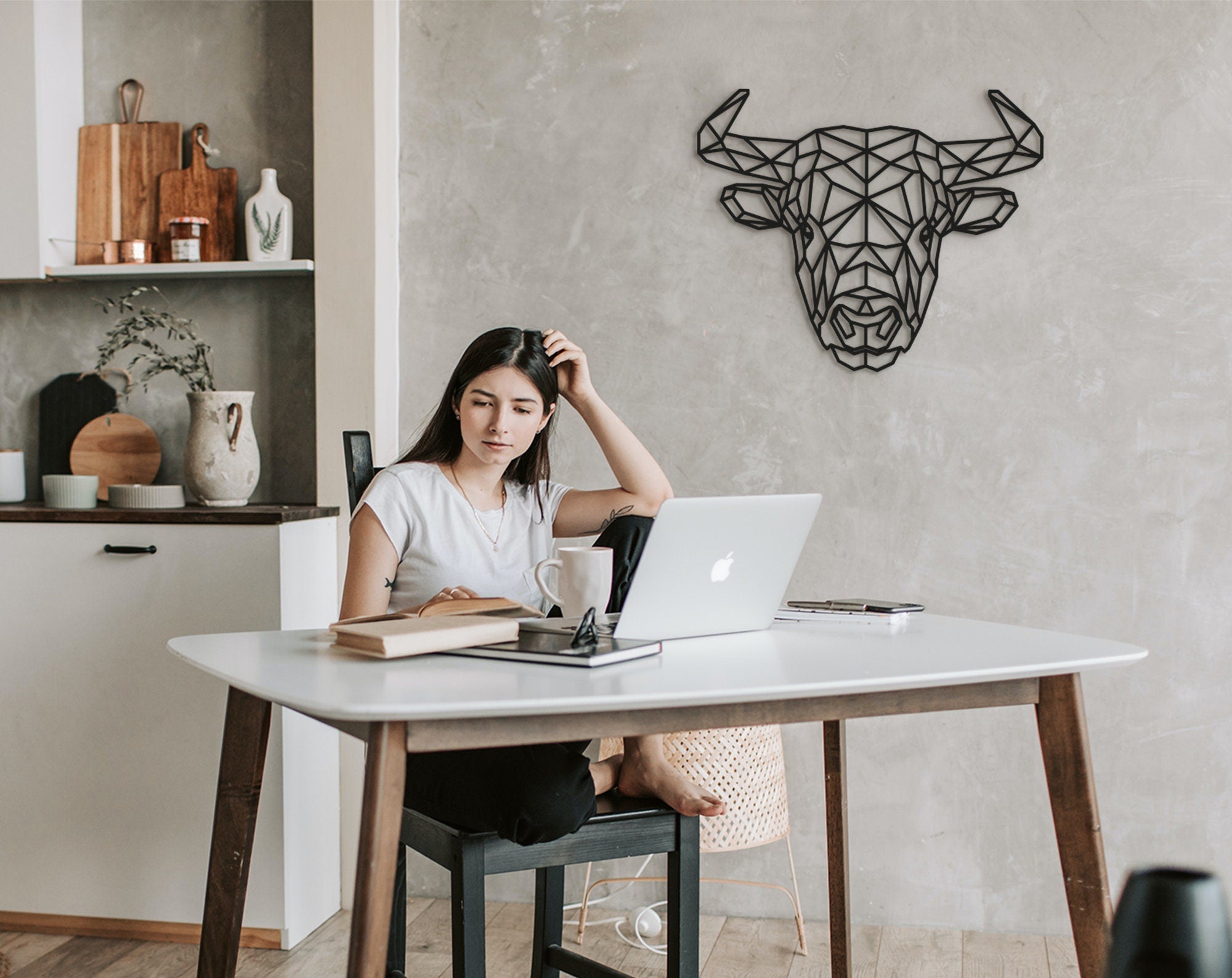 Geometric Bull Head Wall Decor: Wooden Taurus Art