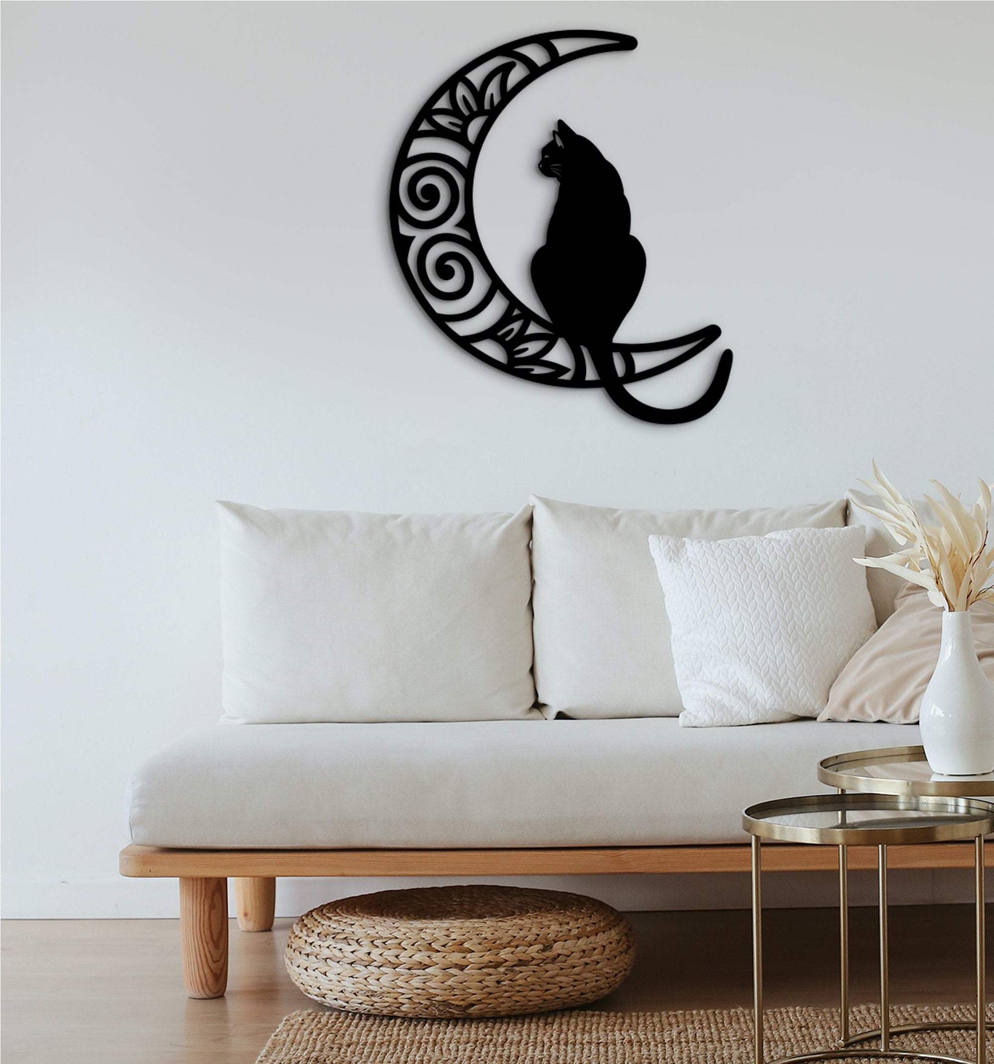 Cat and Moon Wood Wall Art: Laser Cut Home Decor