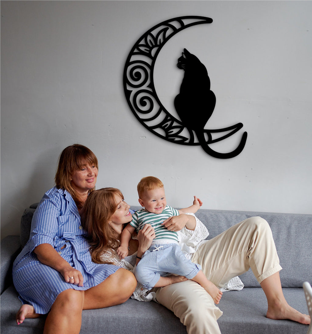 Cat and Moon Wood Wall Art: Laser Cut Home Decor