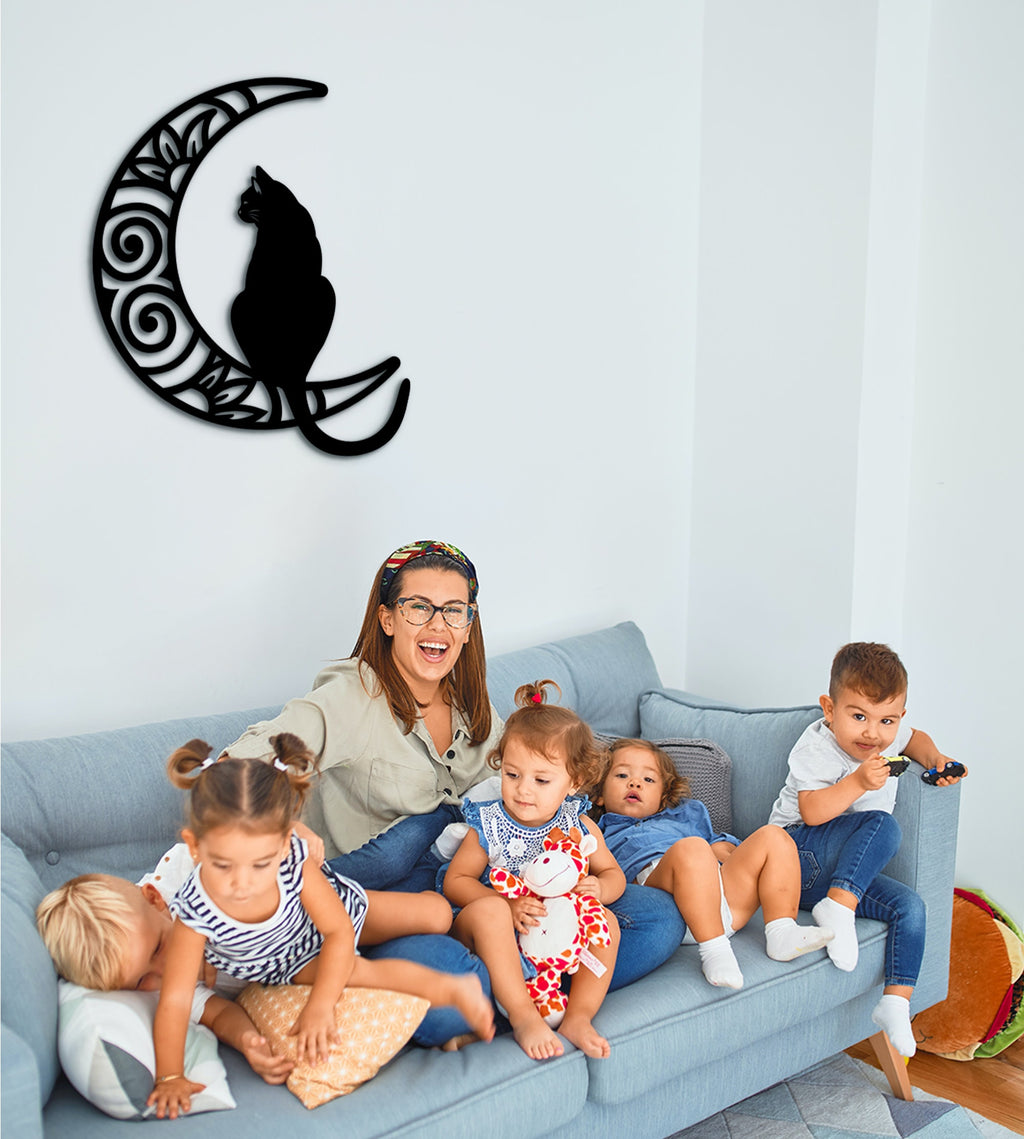 Cat and Moon Wood Wall Art: Laser Cut Home Decor