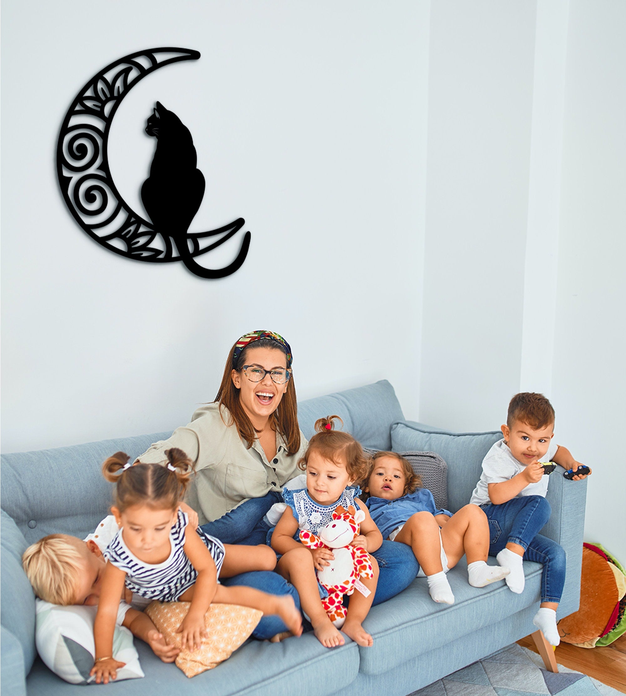 Cat and Moon Wood Wall Art: Laser Cut Home Decor