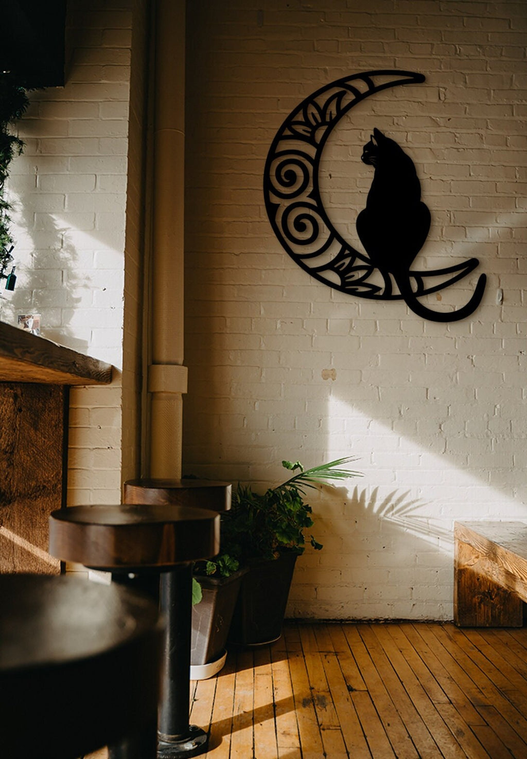 Cat and Moon Wood Wall Art: Laser Cut Home Decor