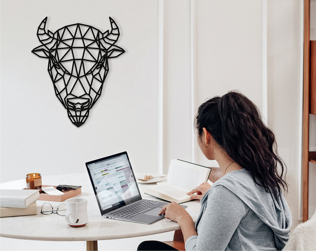 Geometric Bison Wood Wall Art: Tribal Decor