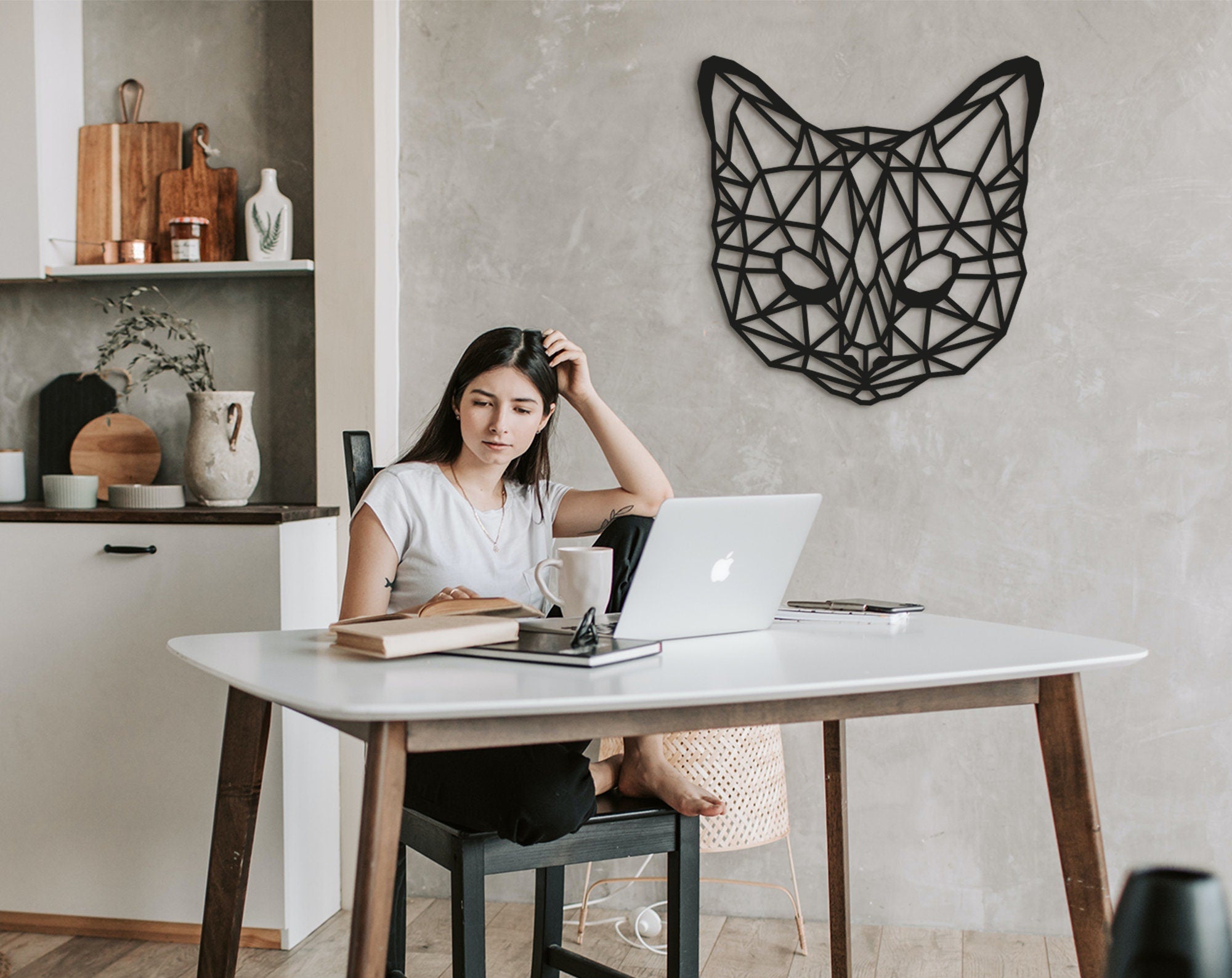 Geometric Cat Wall Art: Laser Cut Wood Home Decor
