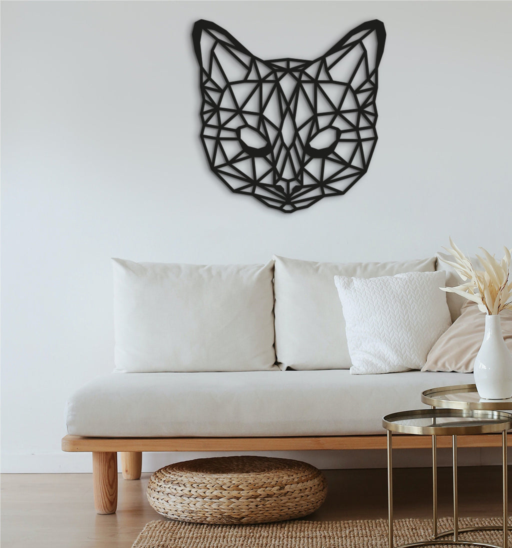 Geometric Cat Wall Art: Laser Cut Wood Home Decor