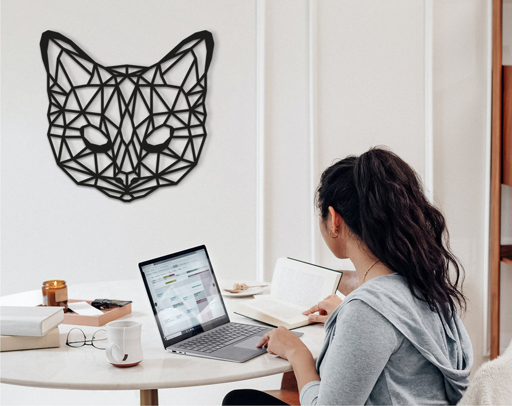 Geometric Cat Wall Art: Laser Cut Wood Home Decor