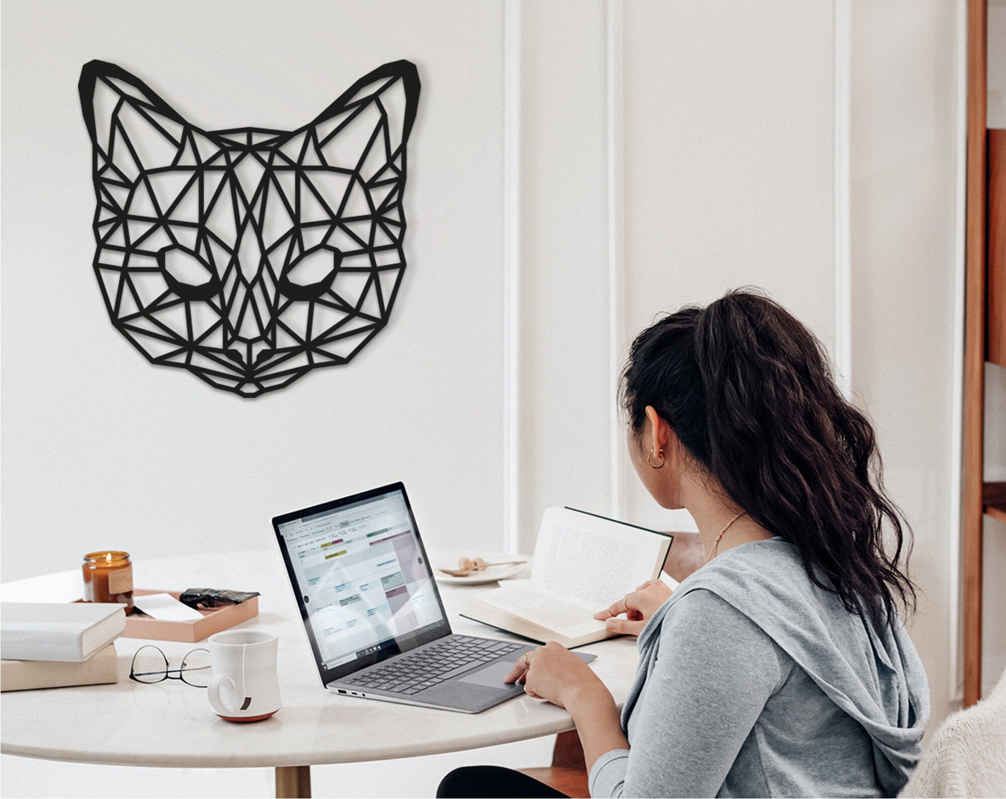 Geometric Cat Wall Art: Laser Cut Wood Home Decor