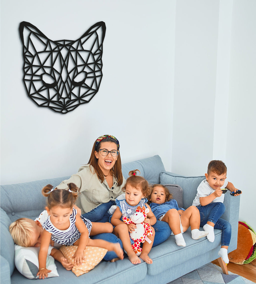 Geometric Cat Wall Art: Laser Cut Wood Home Decor