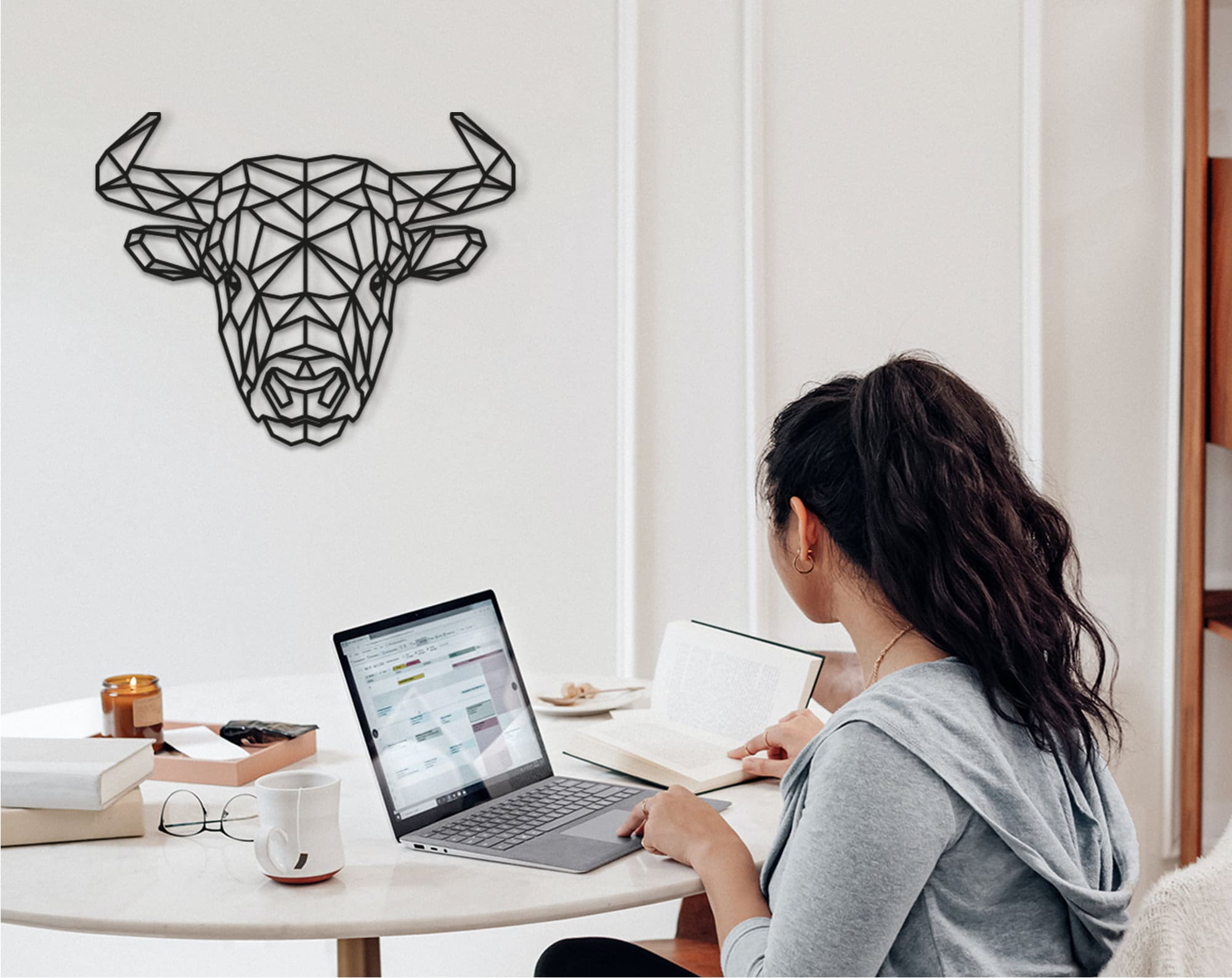 Geometric Bull Head Wall Decor: Wooden Taurus Art