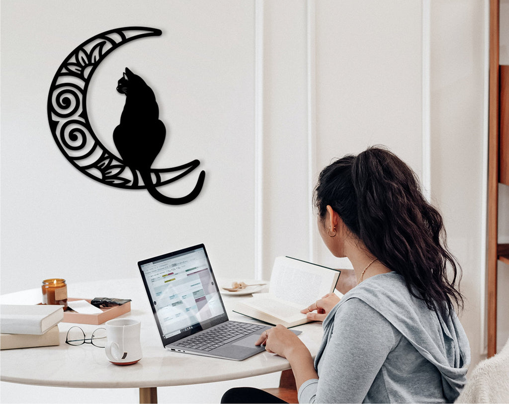 Cat and Moon Wood Wall Art: Laser Cut Home Decor