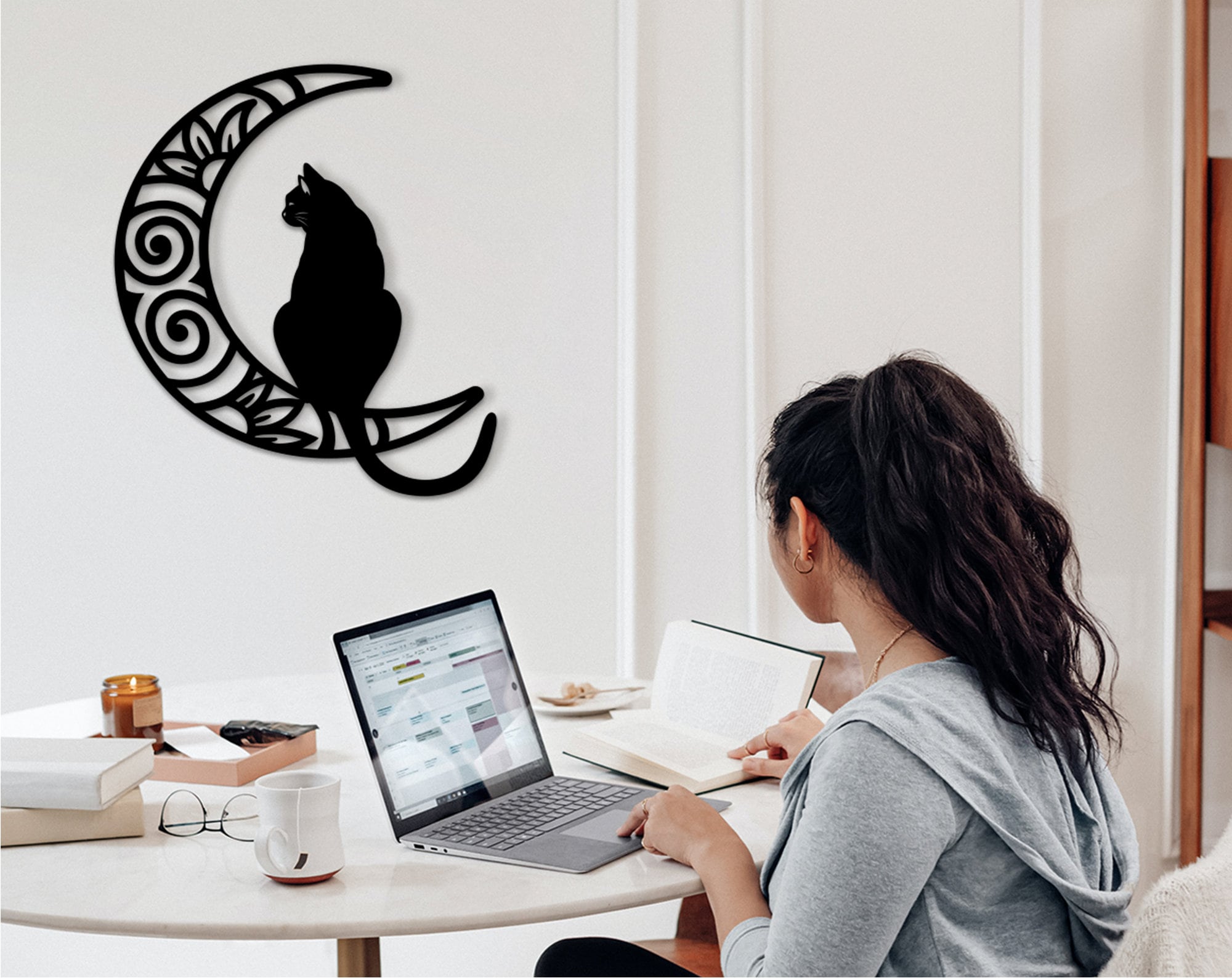 Cat and Moon Wood Wall Art: Laser Cut Home Decor