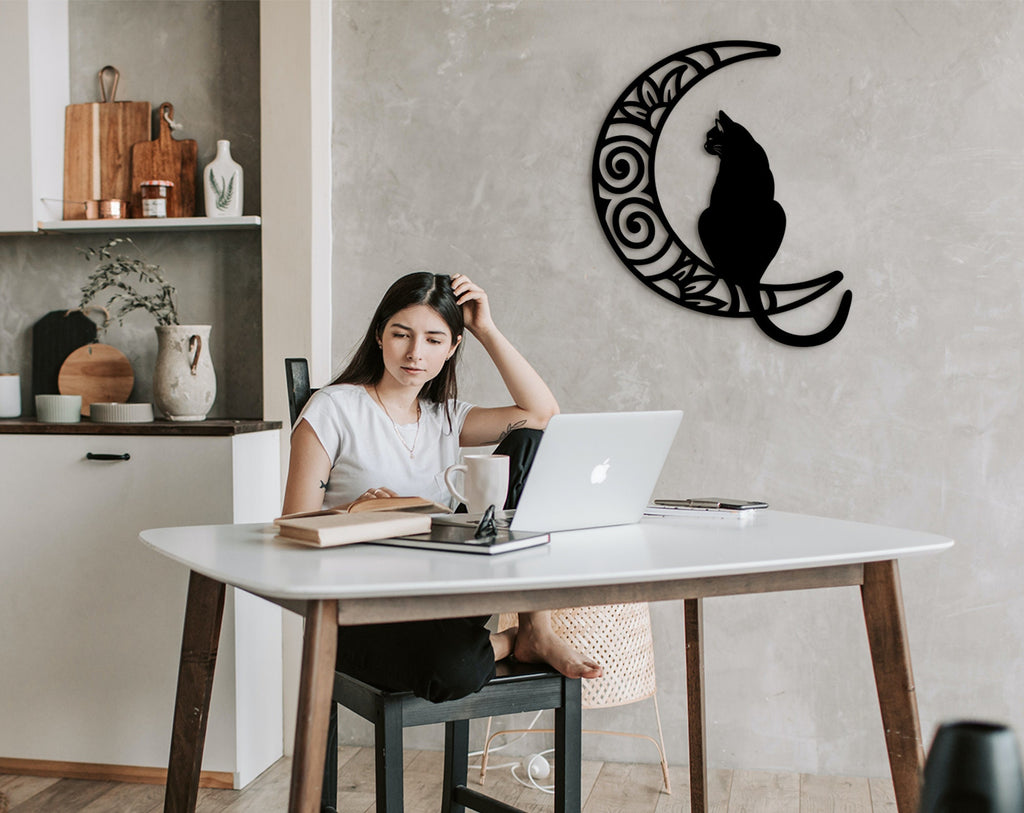 Cat and Moon Wood Wall Art: Laser Cut Home Decor