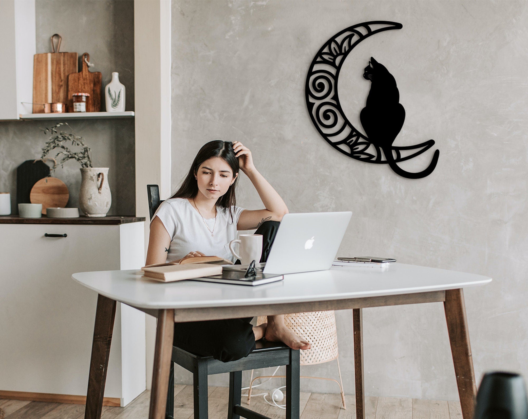 Cat and Moon Wood Wall Art: Laser Cut Home Decor