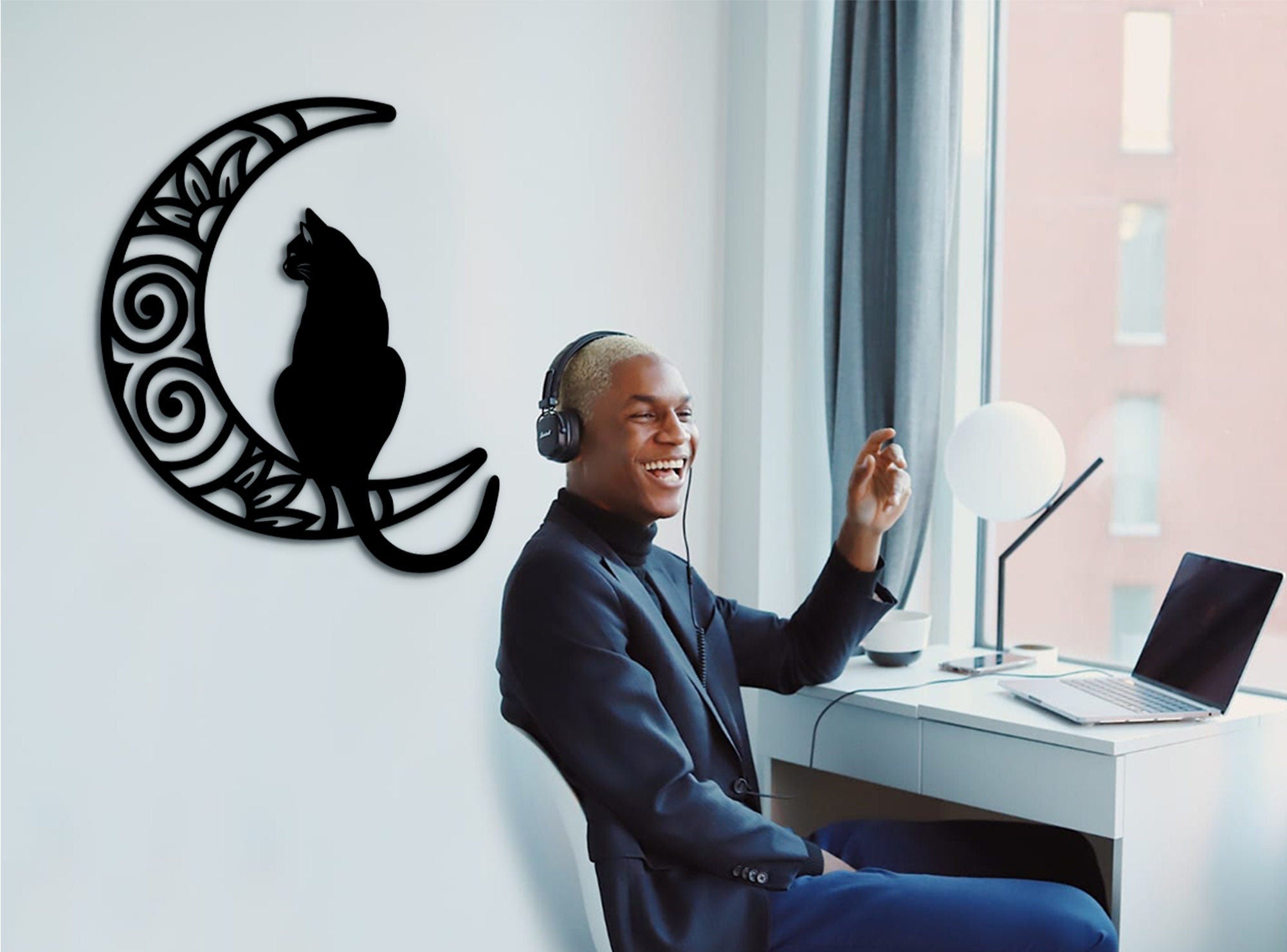 Cat and Moon Wood Wall Art: Laser Cut Home Decor