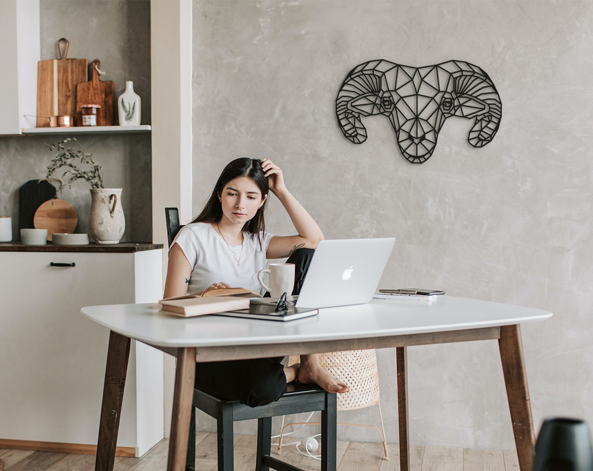 Geometric Wooden Ram Head Wall Art: Zodiac Decor
