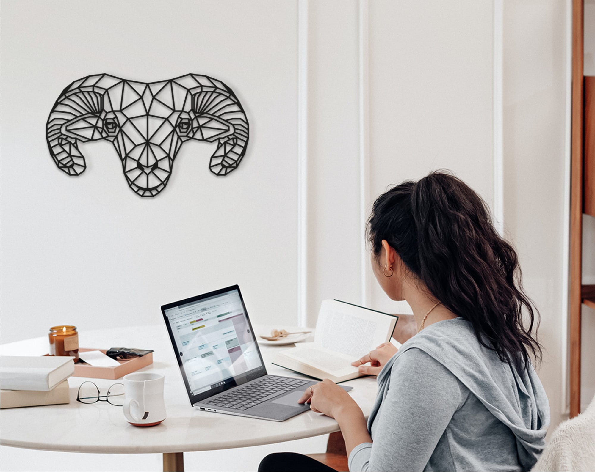 Geometric Wooden Ram Head Wall Art: Zodiac Decor